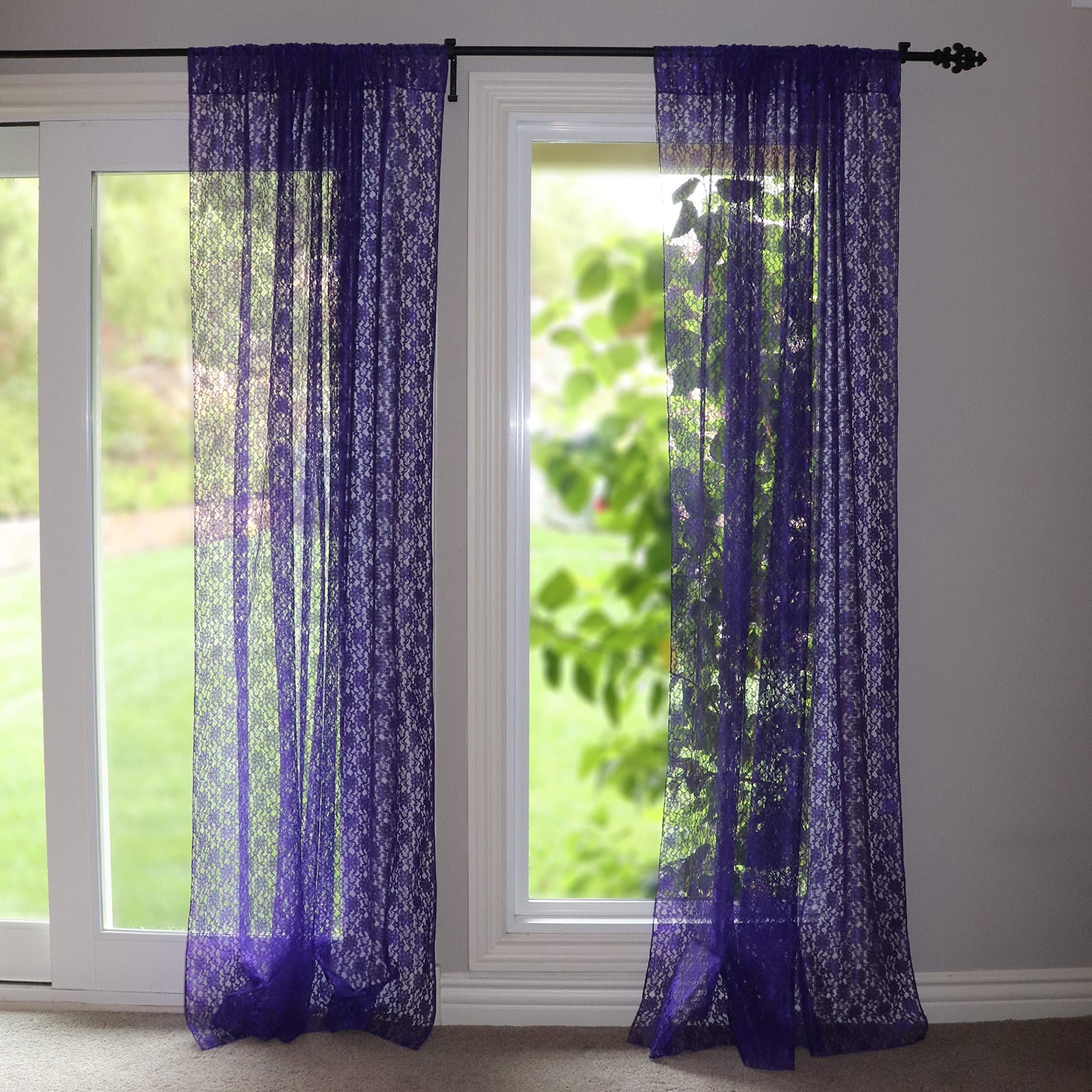 Floral Lace Curtain Panel - Sheer Purple Lace for Bedroom & Kitchen Decor