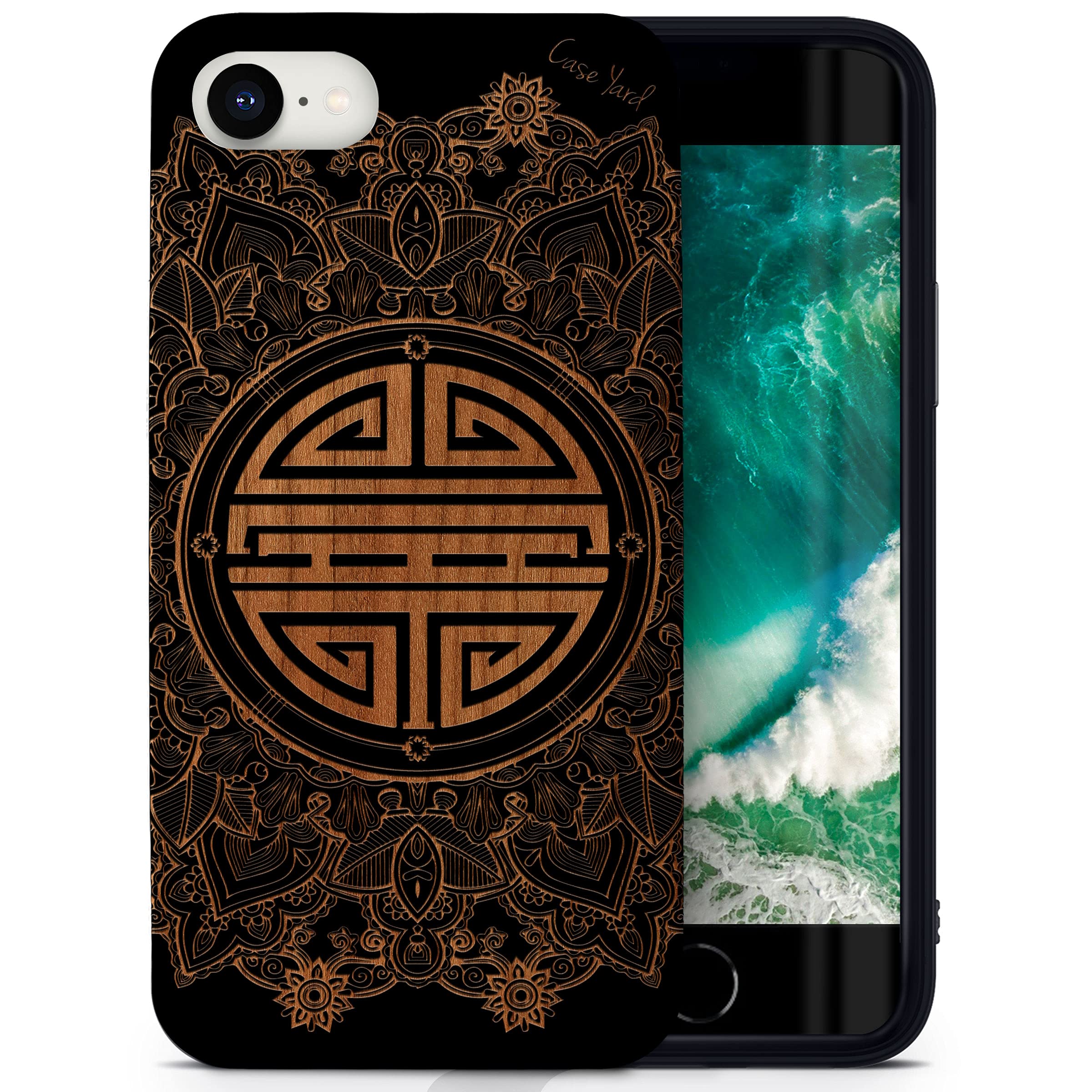 Wooden iPhone SE Case with Laser Engraved Chinese Mandala Design - Slim Fit Shockproof Protective Cover for Men & Women - Perfect for Travel, Work & Everyday Use