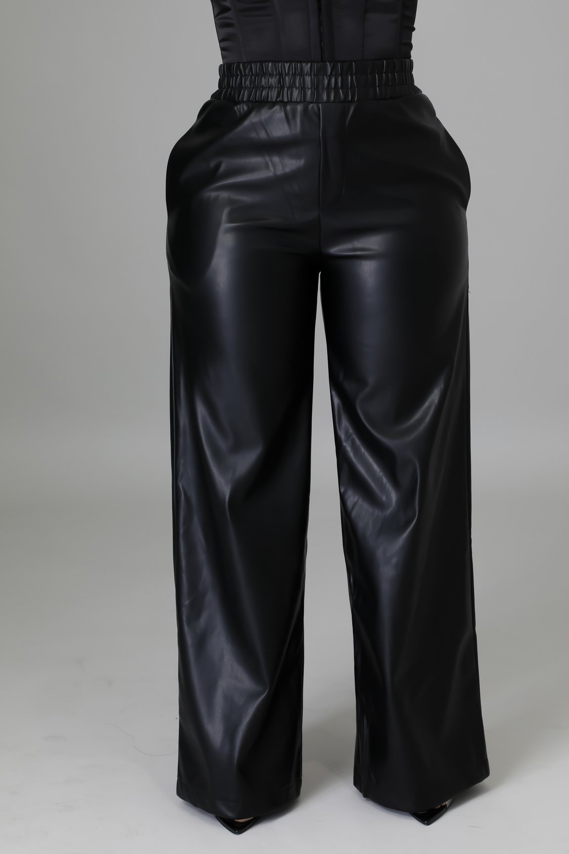 Celina Women's Leatherette Wide Leg Pants - Black High Waist Stretch Comfortable Trousers for Work, Office & Casual Outfits