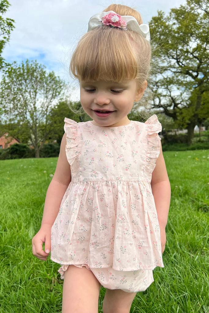 Verity Pink Floral Blouse & Bloomers Set - Women's Vintage Floral Print Top & Shorts for Casual Wear, Summer Outfits & Photoshoots