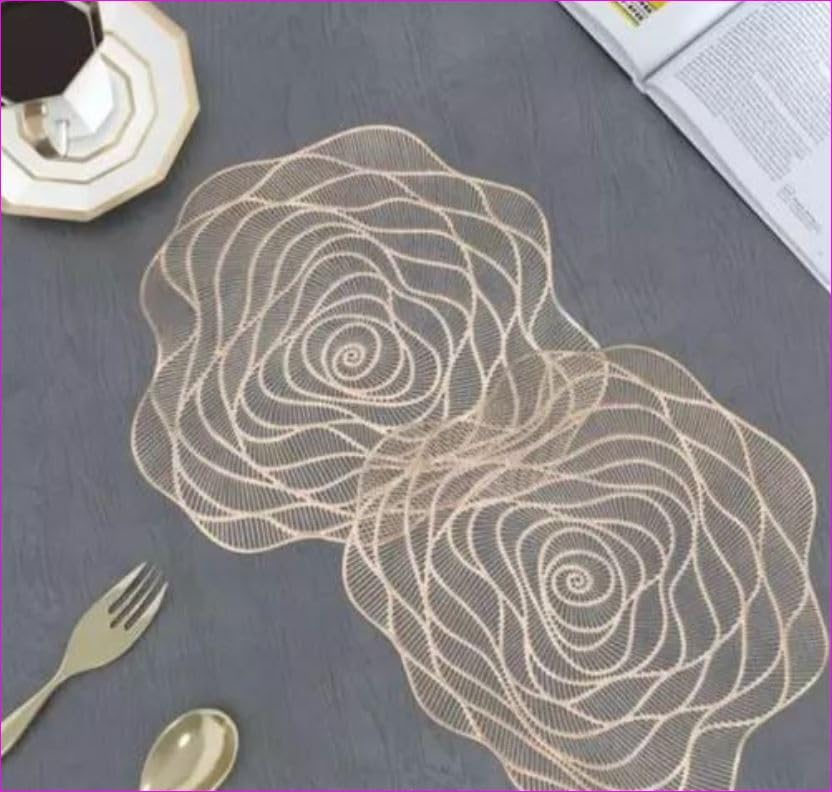 BALLEY Rose Flower Pattern Round Rose-Shaped Plastic Table Mat - Gold Transparent Placemat for Dining & Kitchen Table Decor, Perfect for Parties, Weddings, and Home Decor