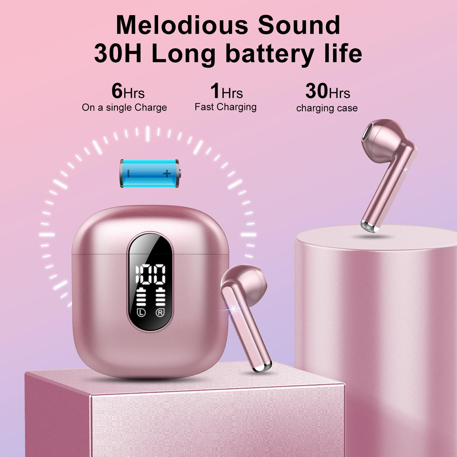 2025 Bluetooth 5.3 Wireless Earbuds with ENC Mic & LED Display - 30H Playtime, IP7 Waterproof for Gym & Sports - Coral Gold