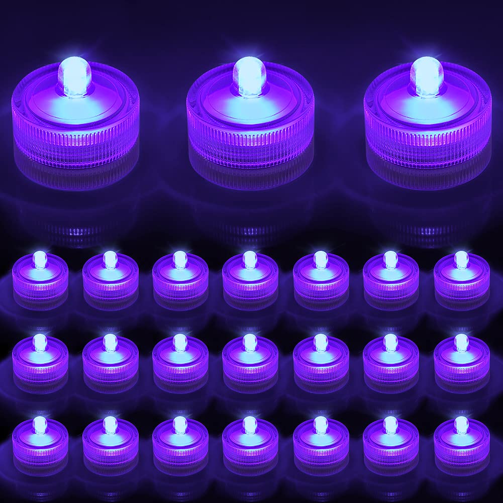 24pcs Waterproof Submersible LED Tea Lights - Mini Underwater Lights for Glass Vases, Aquariums, Wedding Centerpieces & Party Decor | Purple LED Candle Lamps for Showers, Fountains & Crafts | Dimmable Battery-Operated Mood Lighting