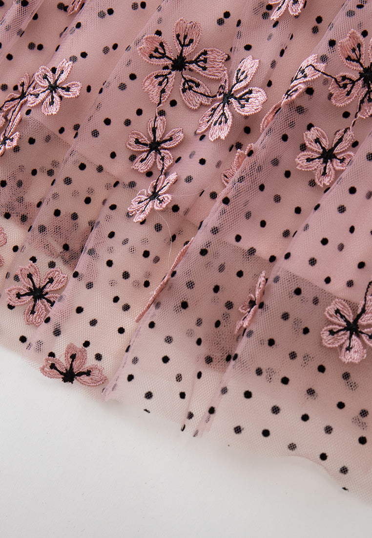 Elegant Sakura Appliqué Belted Panelled Mesh Dress for Women - Perfect for Weddings, Parties & Special Occasions