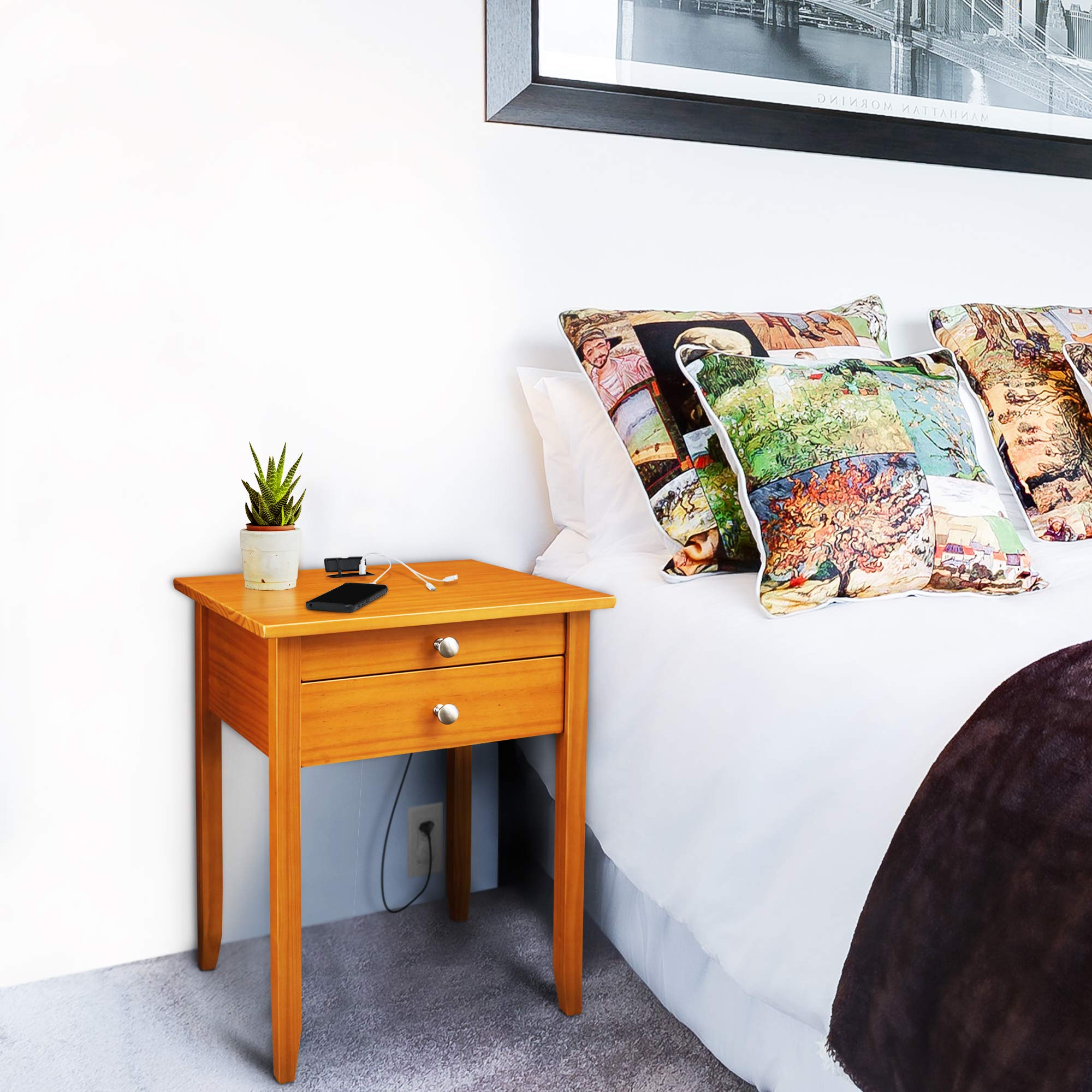 Casual Home Lucia Nightstand with USB Port in Honey Oak Finish - Perfect for Bedrooms, Guest Rooms & Small Spaces