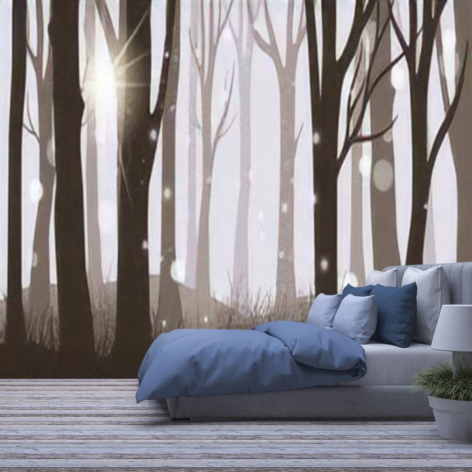 Modern 3D Removable Wallpaper - Self-Adhesive Misty Forest & Magical Lights Landscape Wall Murals - Peel and Stick Wall Stickers for Living Room, Bedroom Decor - Perfect for Home Office, Nursery, and Dorm Room Wall Covering
