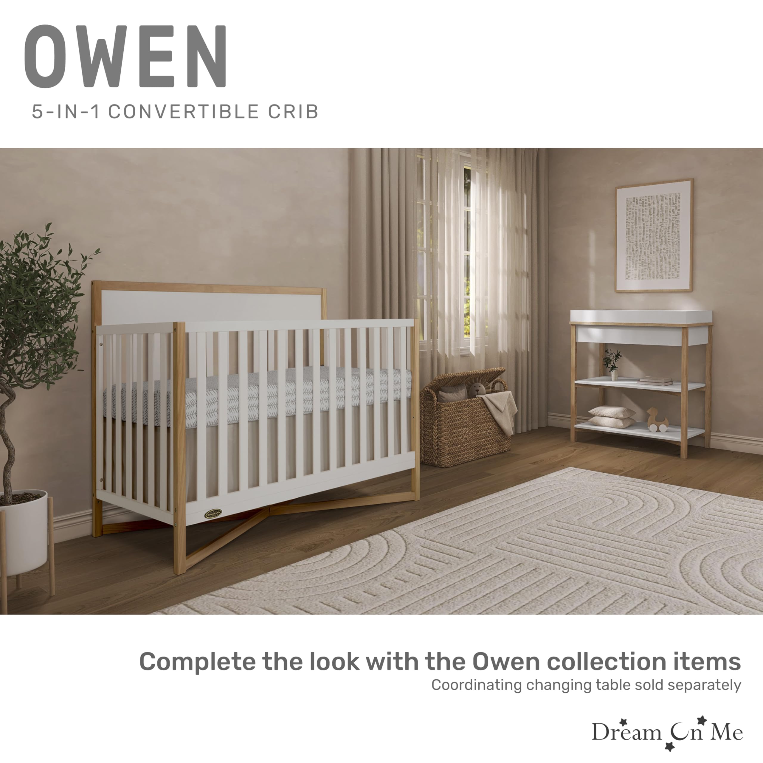 Dream On Me Owen 5-in-1 Convertible Crib - White Oak Finish | Greenguard Gold & JPMA Certified | Transforms to Toddler Bed, Daybed, Kids Sofa & Full Bed | Safe Nursery Furniture for Baby & Toddler | Perfect for Small Spaces & Growing Families