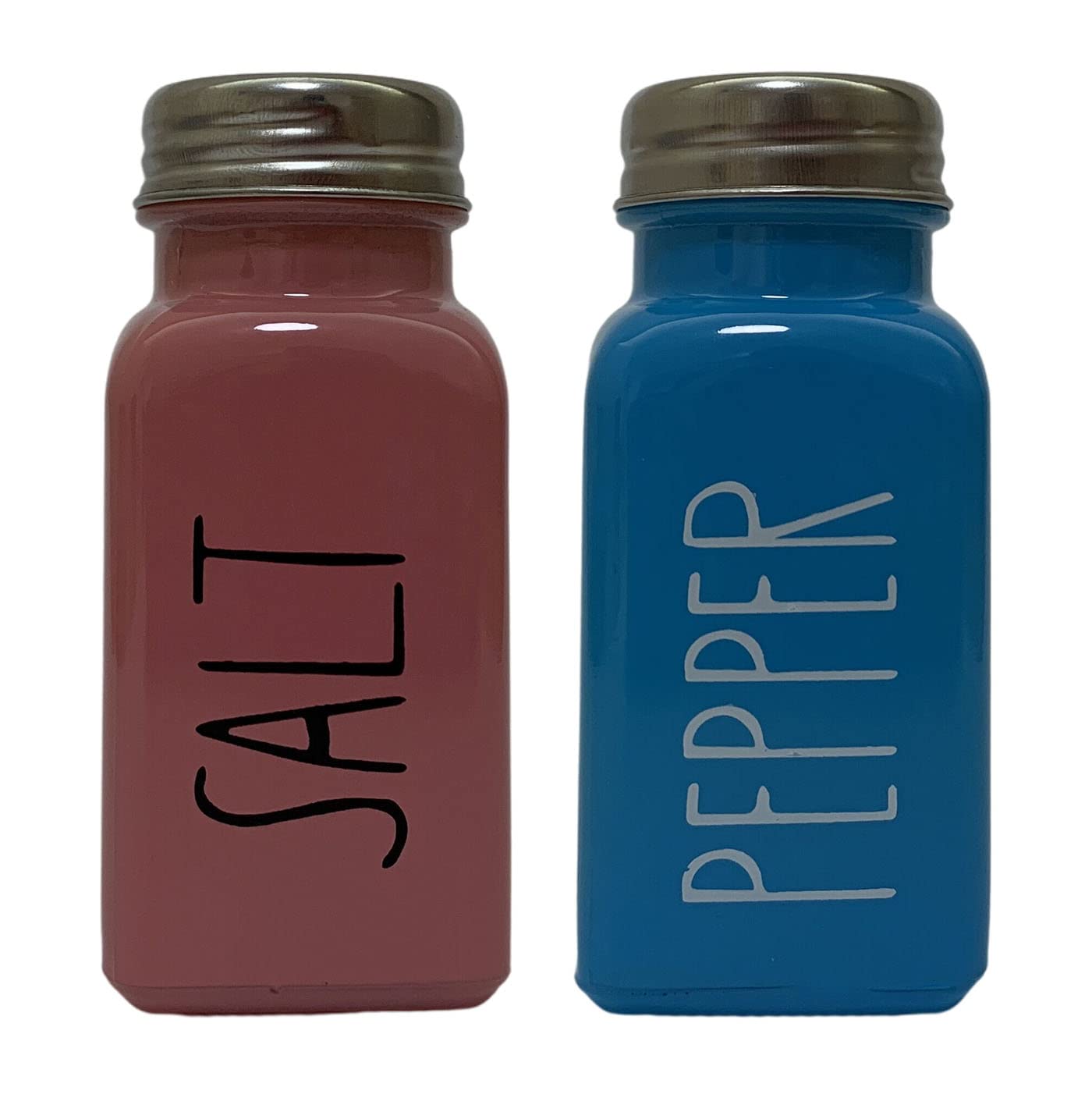 Farmhouse Salt and Pepper Shakers Set - Vintage Ceramic Seasoning Dispensers with Rustic Wood Stand (Blue & Pink) for Kitchen, Dining Table, and Farmhouse Decor