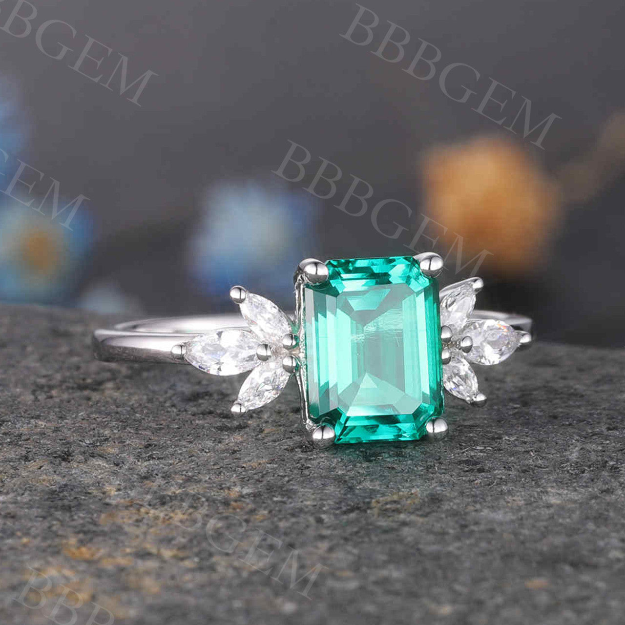 14K White Gold Emerald Cut Emerald and Diamond Ring for Women - Wedding, Engagement, Promise Ring - Perfect for Proposals, Anniversaries & Special Occasions