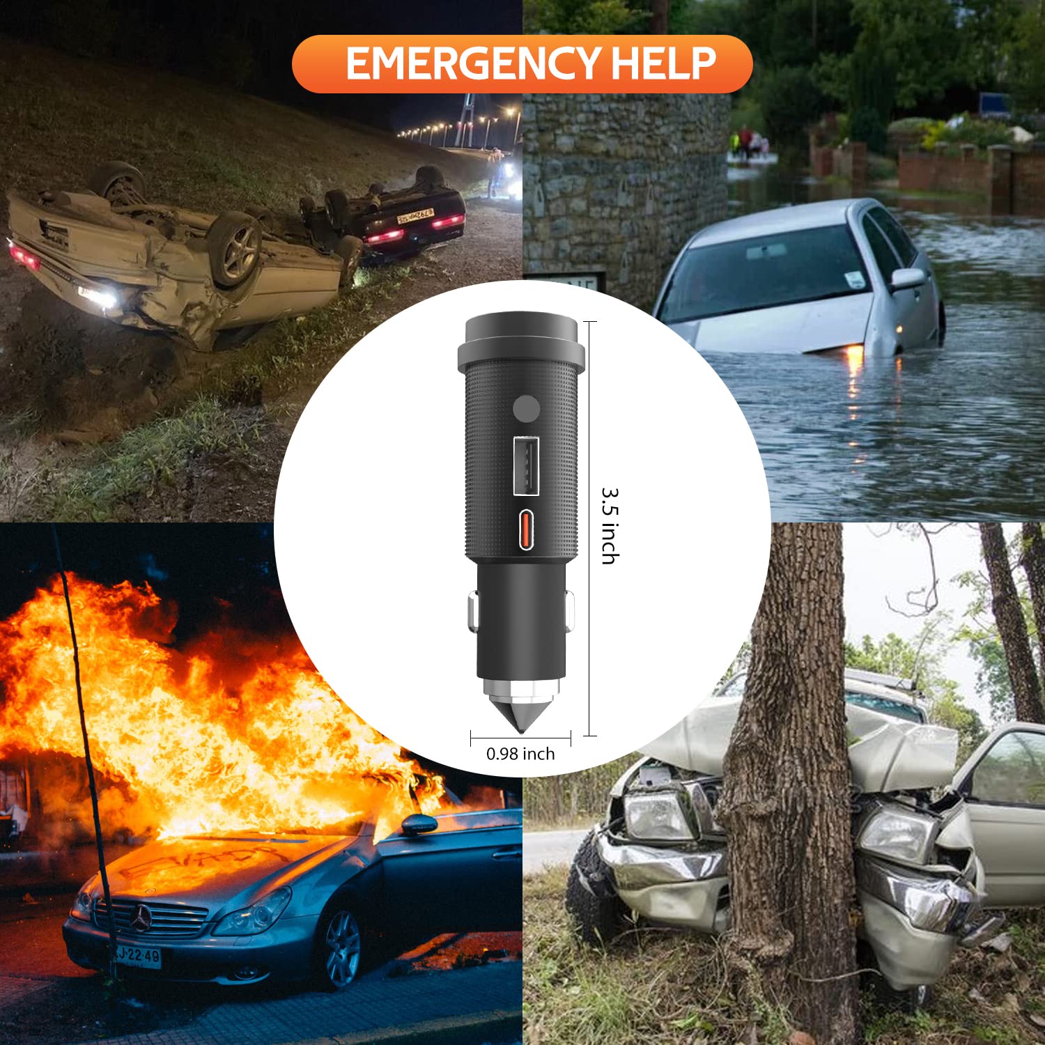Car Emergency Flashlight & Escape Tool Kit - Rechargeable USB-C Strobe Light with Window Breaker, Compact Travel Survival Gear for Vehicles (Black) | Perfect for Roadside Emergencies, Camping & Outdoor Adventures