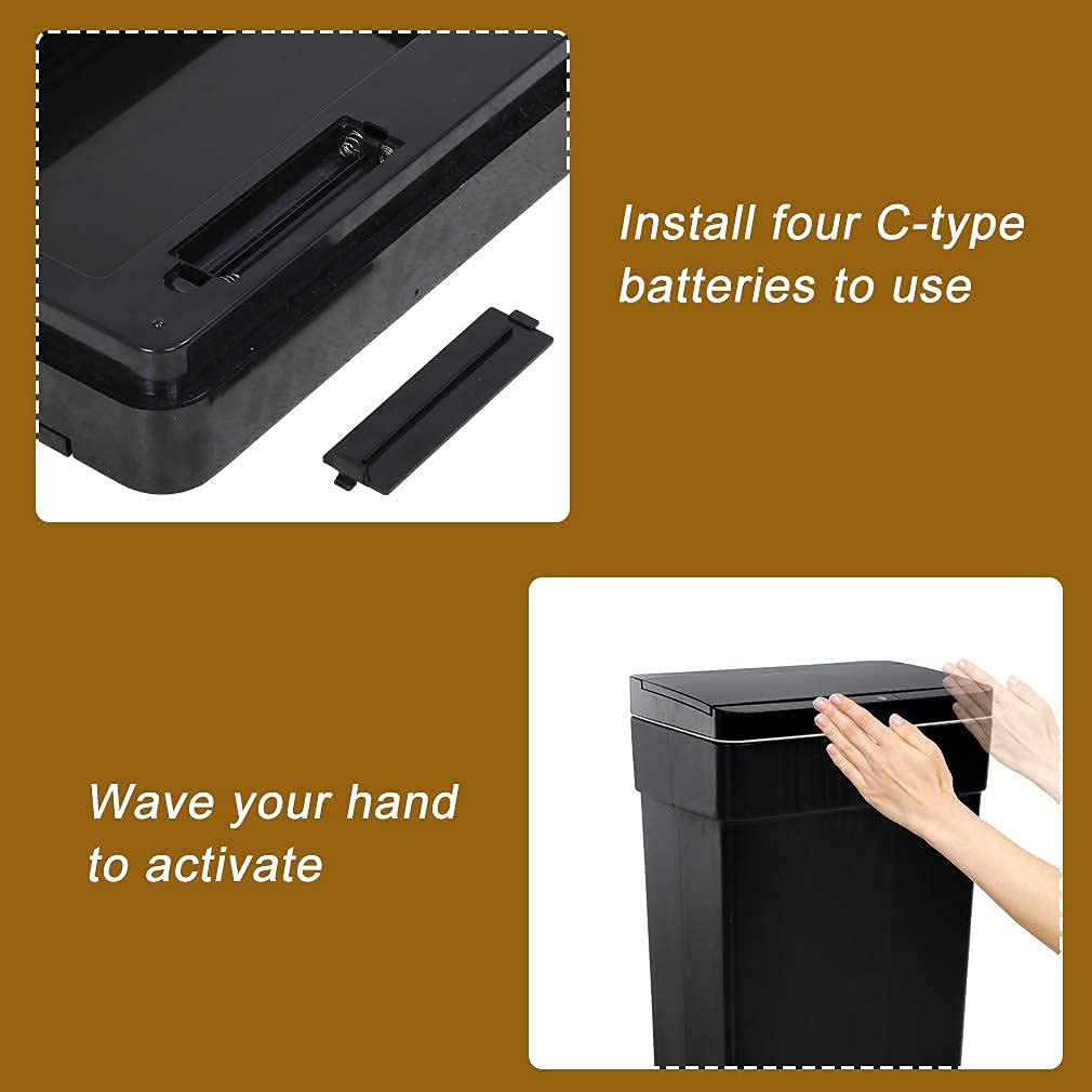 HGS 13 Gallon Automatic Motion Sensor Trash Can - Hands-Free Touchless Kitchen Garbage Bin with Lid, Black Plastic Wastebasket for Home, Office, Bathroom & Outdoor Use