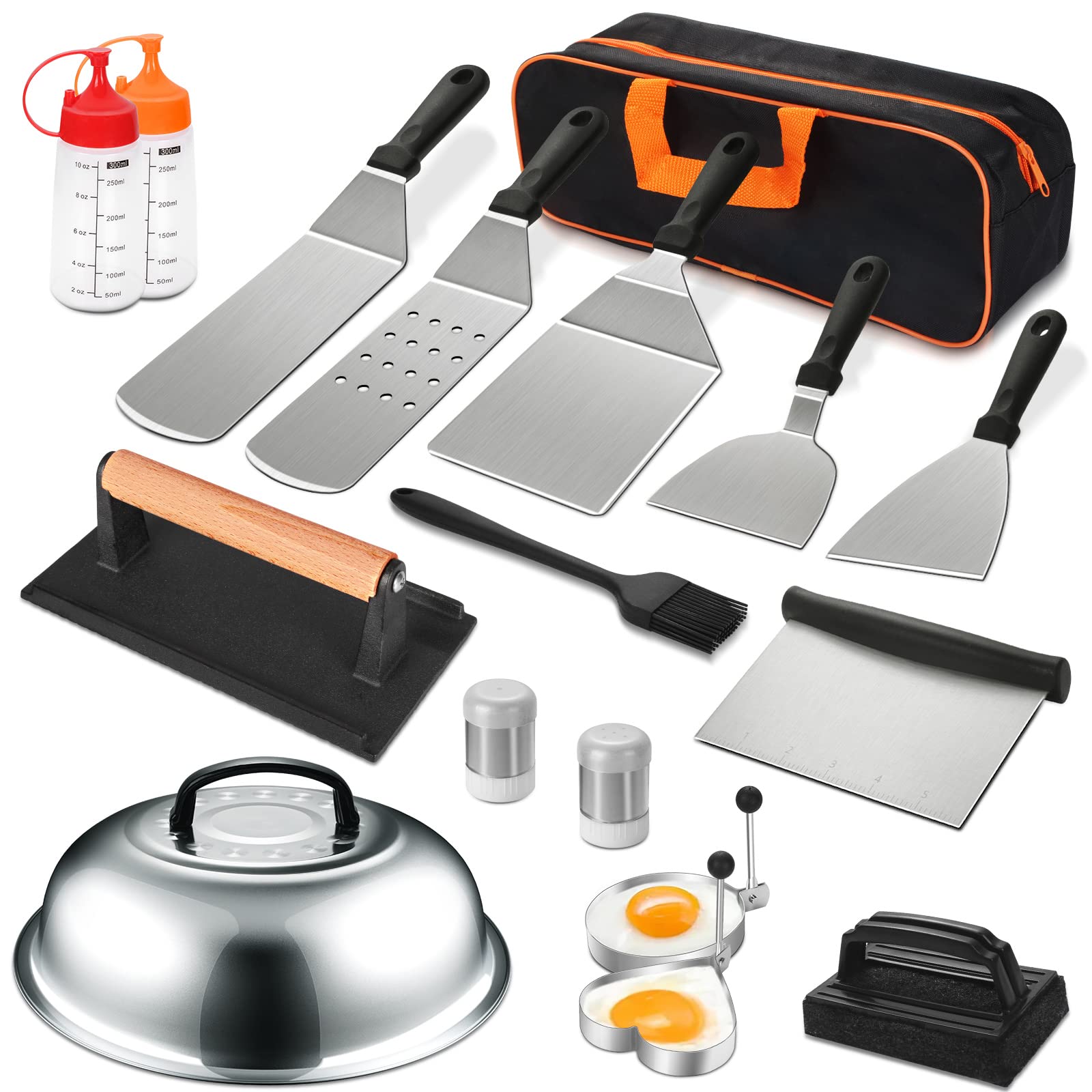 18-Piece Griddle Accessories Kit for Blackstone & Camp Chef Flat Top Grills - Heavy Duty Grill Spatula Set with XL Spatulas, Basting Cover & Scraper - Perfect for Outdoor BBQ, Camping & Backyard Cooking