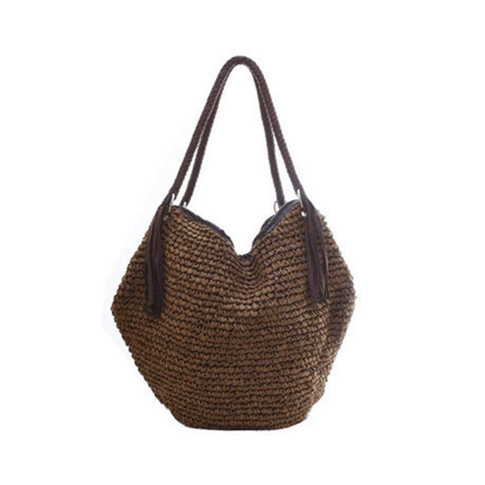 Boho Straw Tote Bag with Leather Tassels - Beach & Summer Handbag