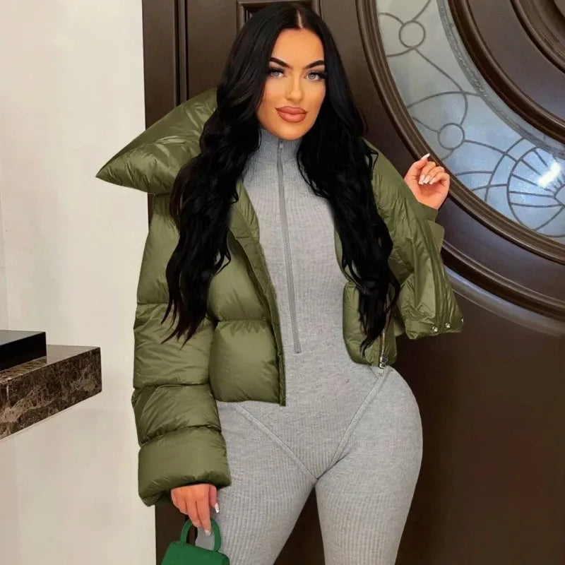 Women's Fashion Winter Scarf Collar Zipper Puffer Jacket - Beige Khaki Bubble Coat Casual Outerwear Short Parka | Perfect for Street Style, Daily Commute & Cold Weather Protection
