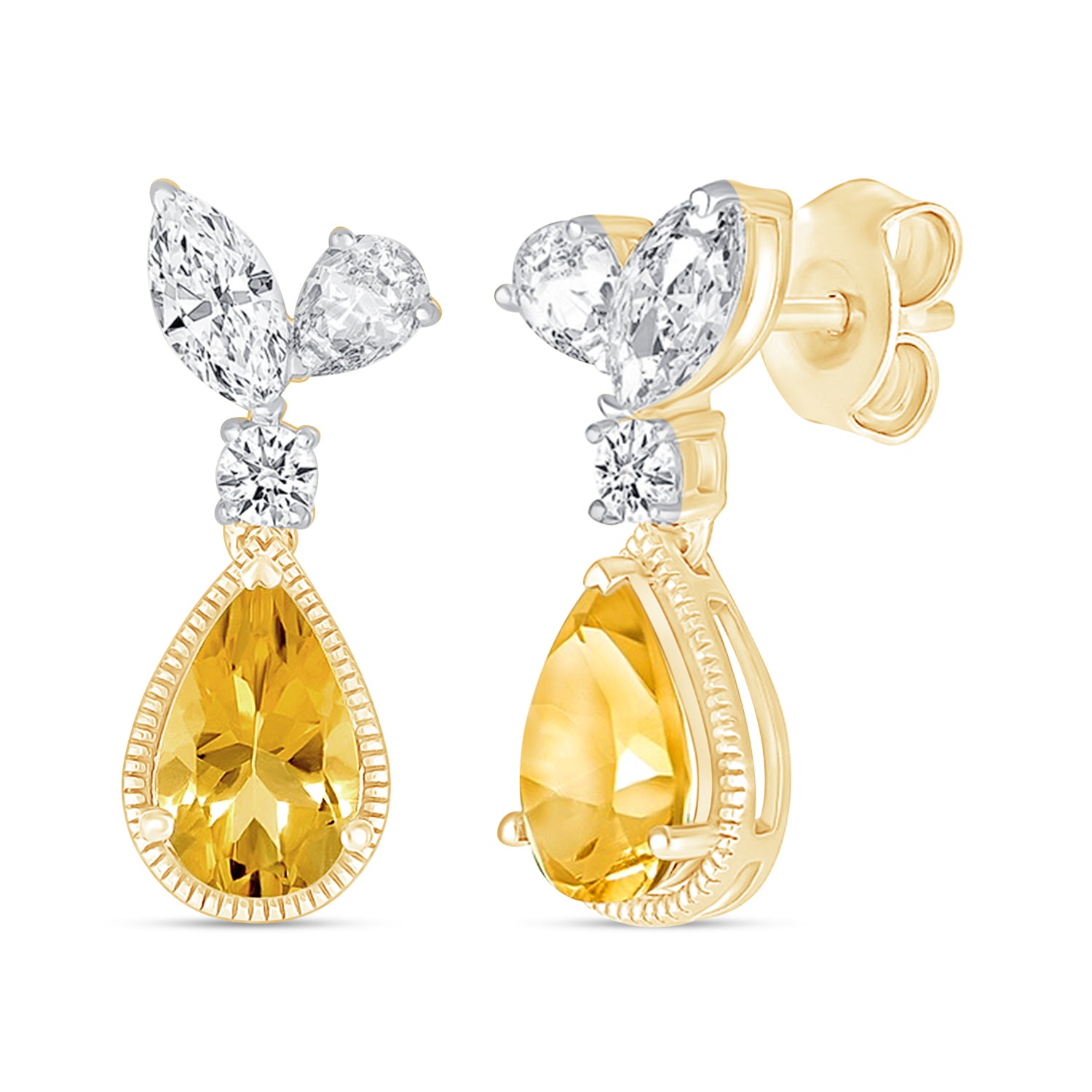 10k Yellow Gold Pear Cut Citrine and Sapphire Dangle Earrings for Women - Elegant Jewelry Gift for Birthday, Anniversary & Special Occasions