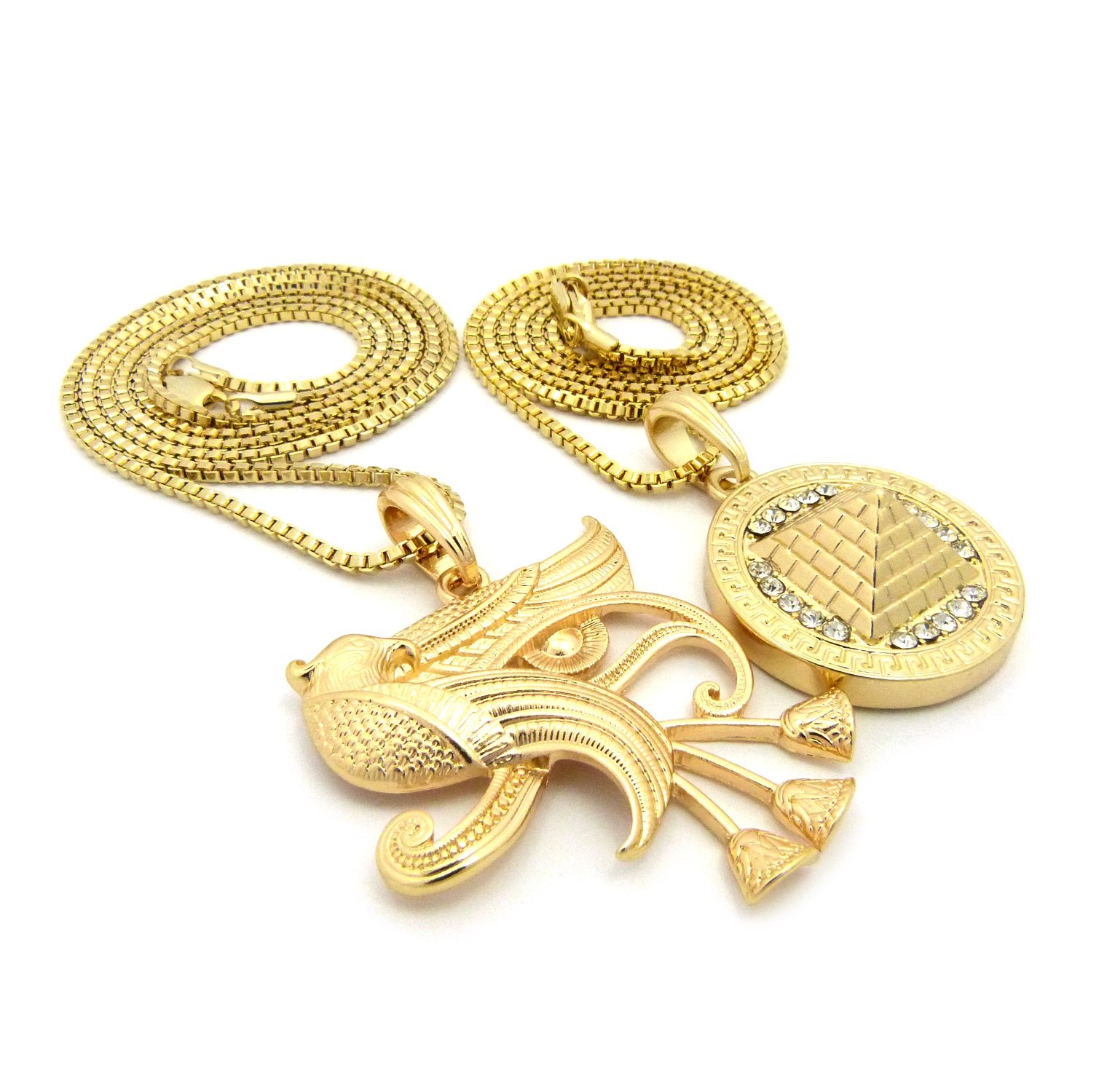 Iced Out Pyramid & Eye of Horus Pendant Necklace Set with 24
