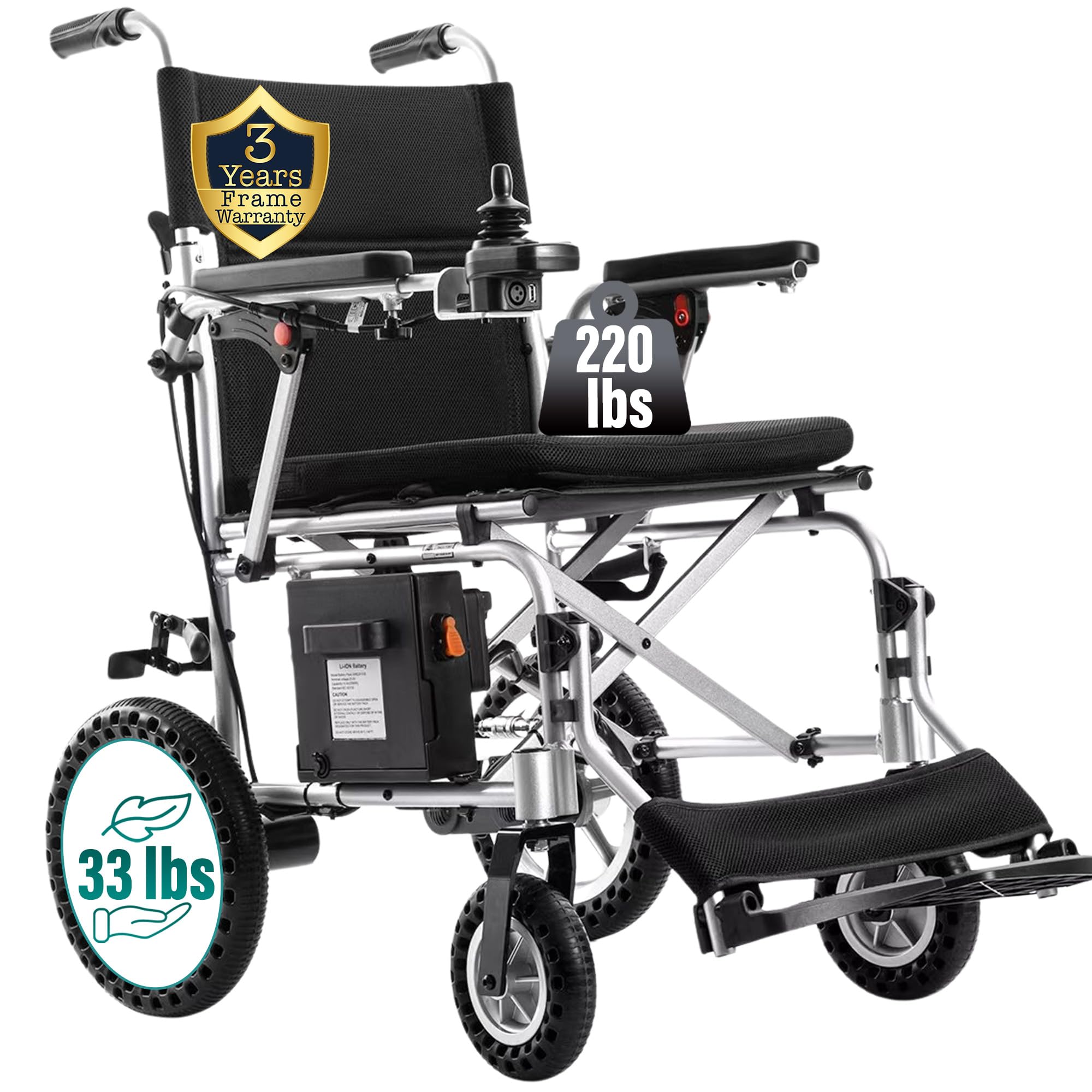 MALISA Ultra Lightweight Folding Electric Wheelchair - Dual Motor All Terrain Power Wheelchair for Seniors & Adults - Comfortable Travel Mobility Scooter (Silver Frame) - Perfect for Indoor Use, Outdoor Adventures & Air Travel