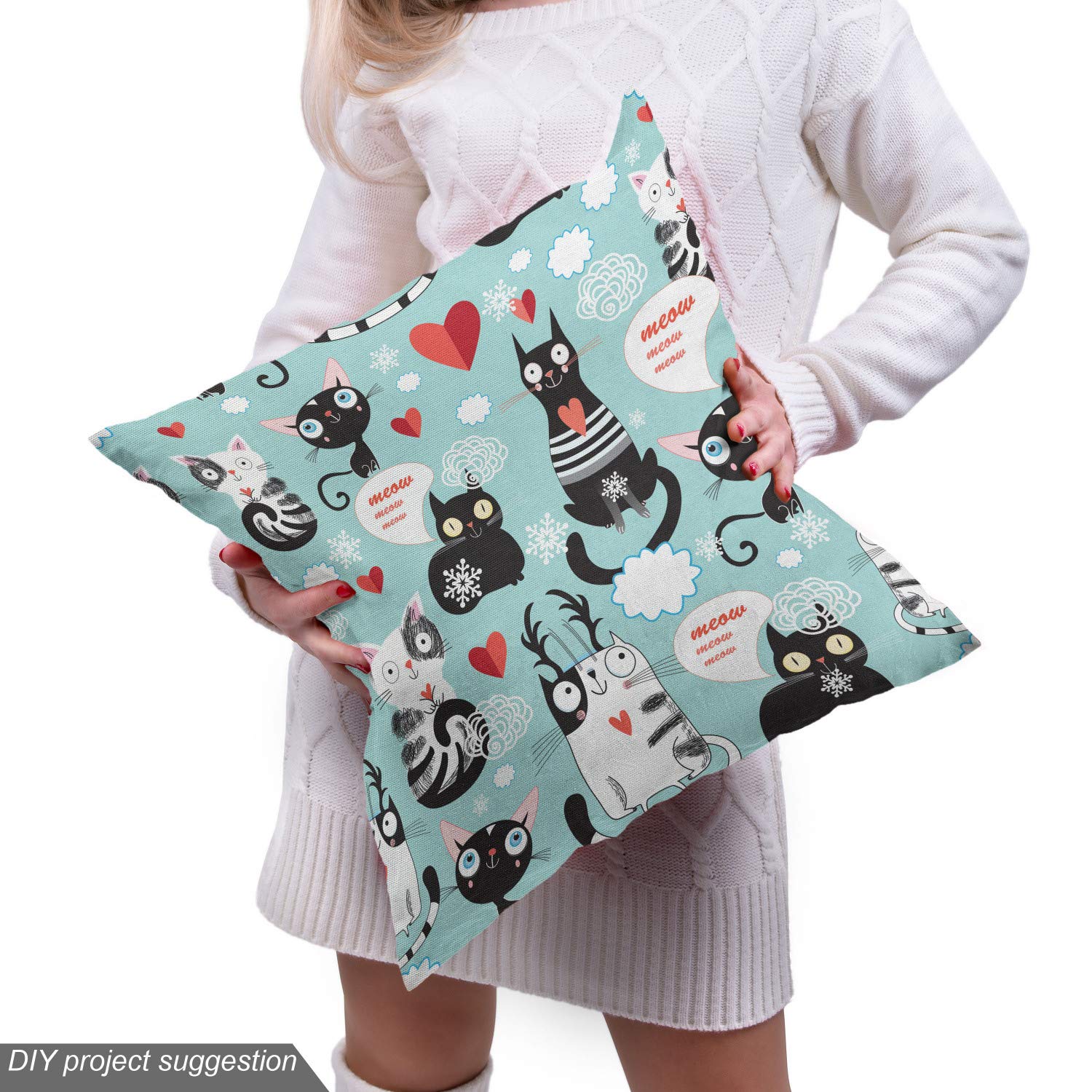 Ambesonne Cat Lover Fabric by The Yard - Black & White Cat Print with Hearts & Meow Design - 10 Yards Pale Blue Upholstery Fabric for DIY Projects, Home Decor, Curtains & Pillow Covers - Perfect for Cat Themed Bedroom & Living Room Decor