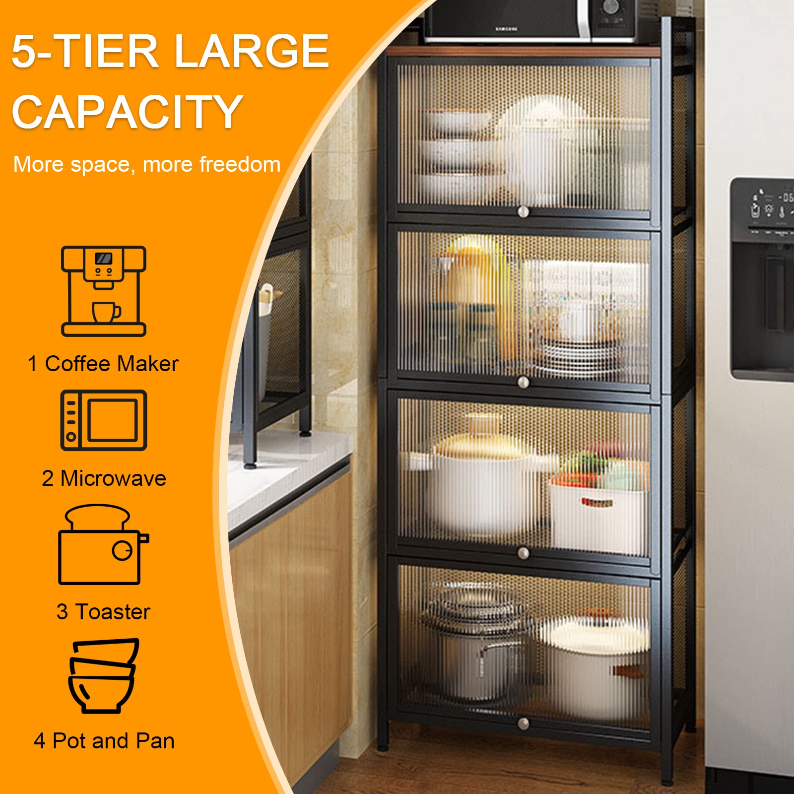 5-Tier Black Kitchen Storage Shelf - WOQLIBE Bread Rack, Coffee Station & Microwave Organizer for Dishes, Wine, Pots & Pans with 4 Hooks | Space-Saving Solution for Small Kitchens & Pantries