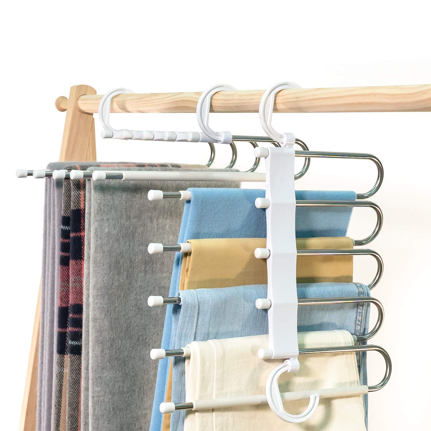 Furmenic Space Saving Pants Hangers - 2 Pack Non-Slip Closet Organizer - 5-Tier Multi-Functional Clothes Rack for Jeans, Trousers & Scarves (White) - Perfect for Small Closets & Wardrobe Organization