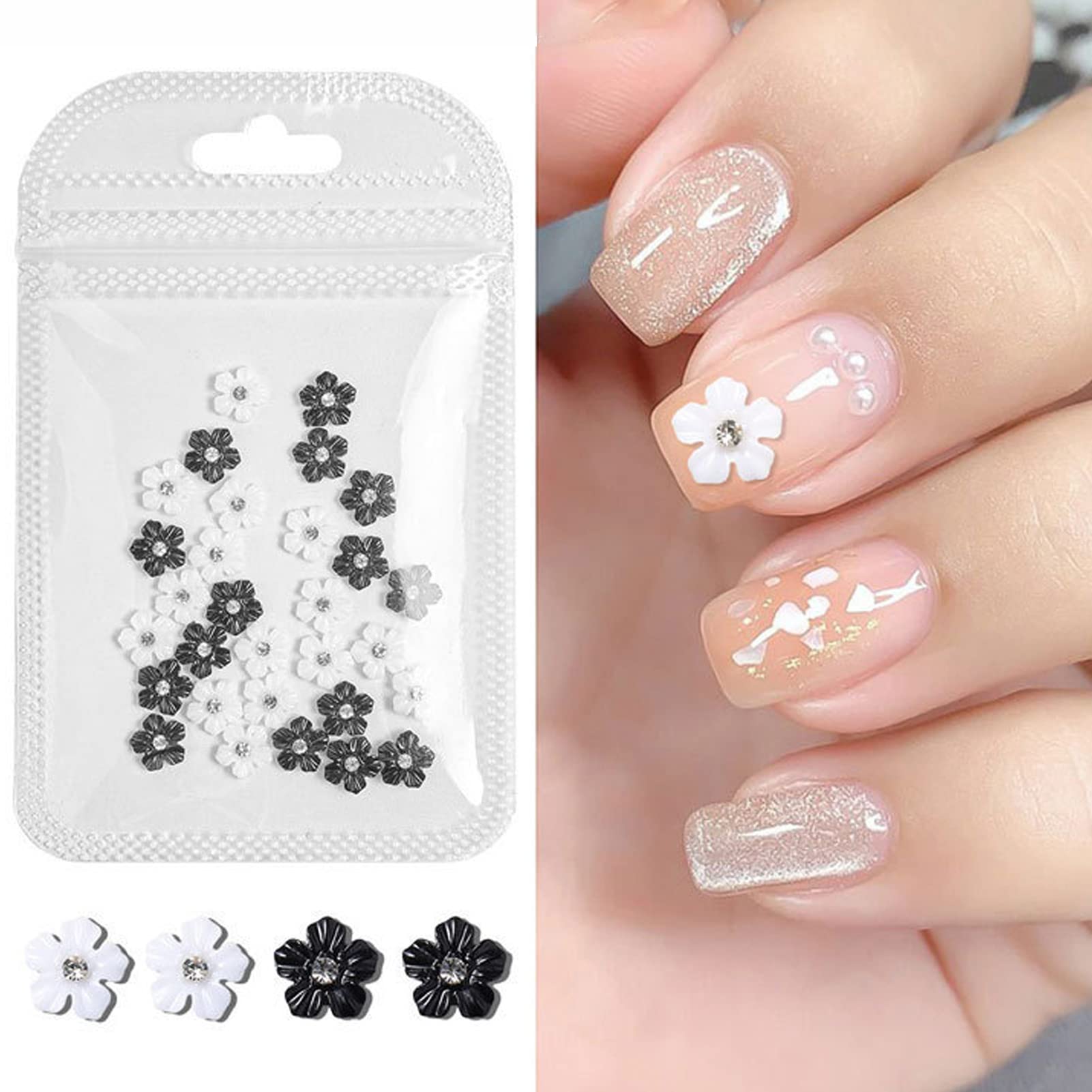 3D Flower Nail Art Decorations - Black & White 5 Petal for DIY Manicure