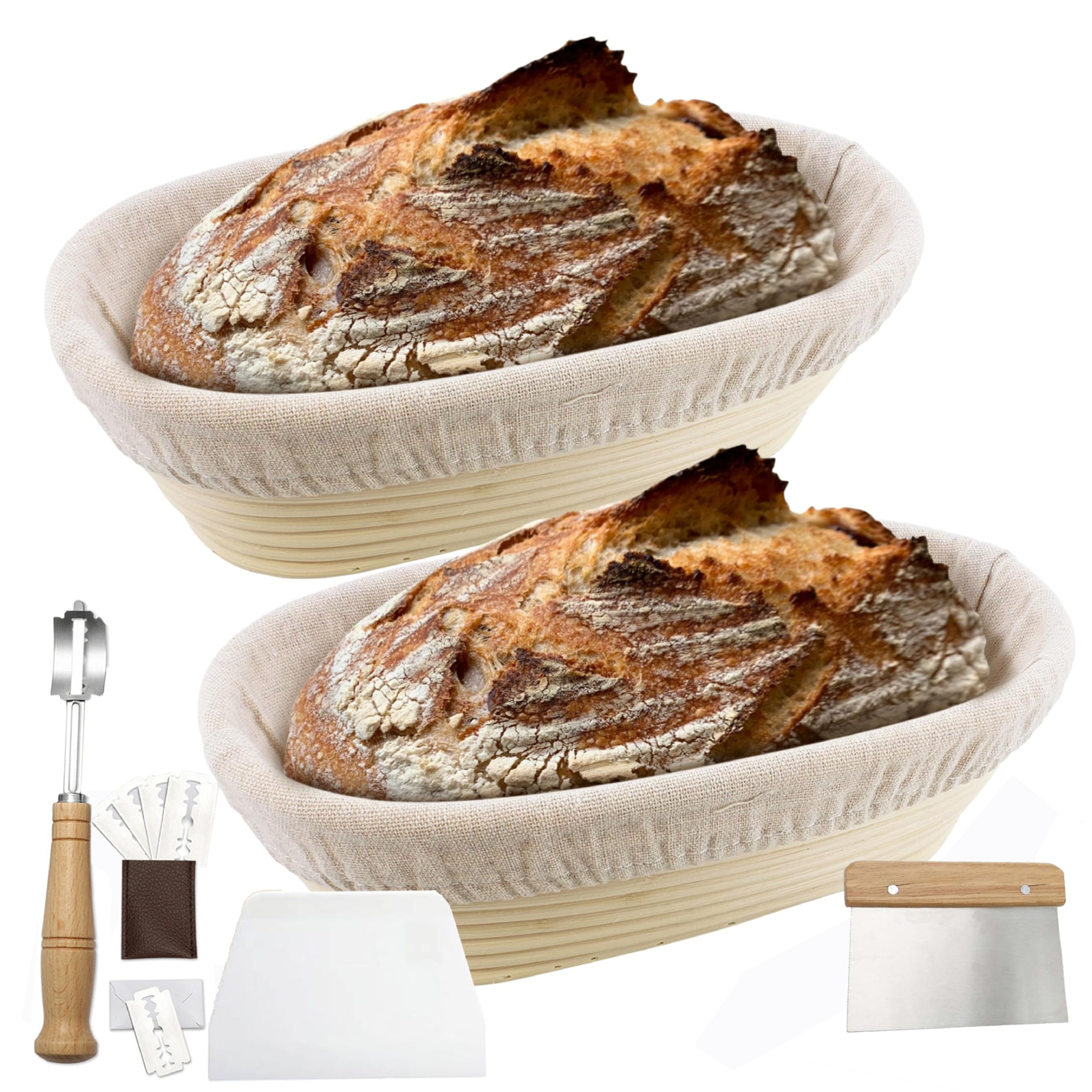 2 Pack 10 Inch Oval Bread Proofing Basket for Sourdough Bread Baking - Banneton Dough Rising Basket with Linen Liner, Bread Lame with 5 Blades & Dough Scraper - Perfect for Artisan Bread Making at Home