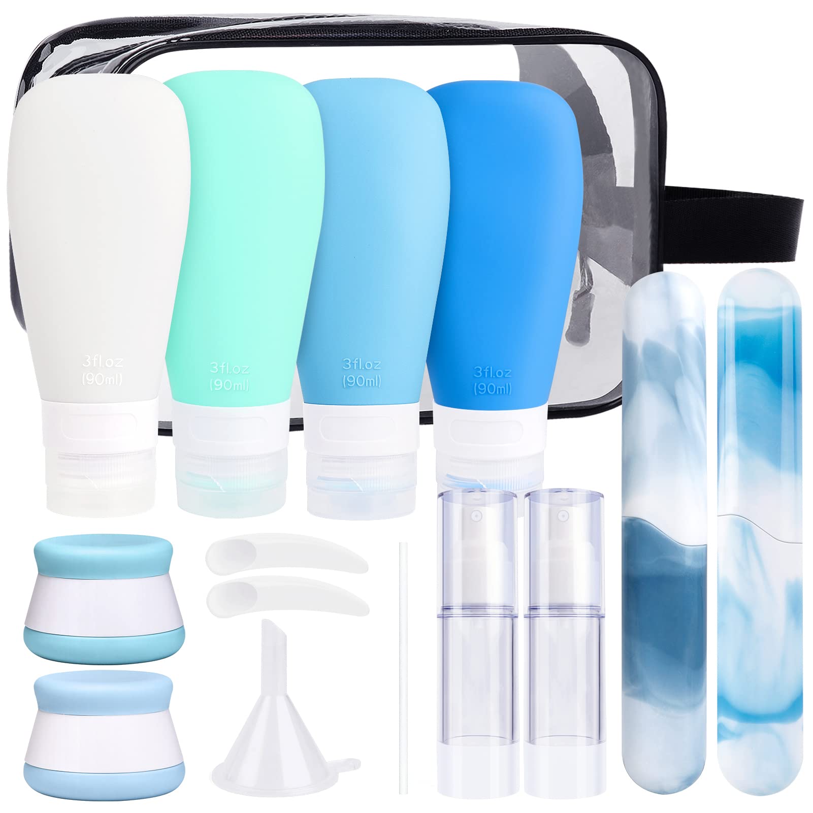INSFIT 17-Piece Silicone Travel Bottles Set - 3oz Leak-Proof Toiletries Containers for Airplane Travel Essentials | Perfect for Women's Travel Accessories & Toiletries Storage