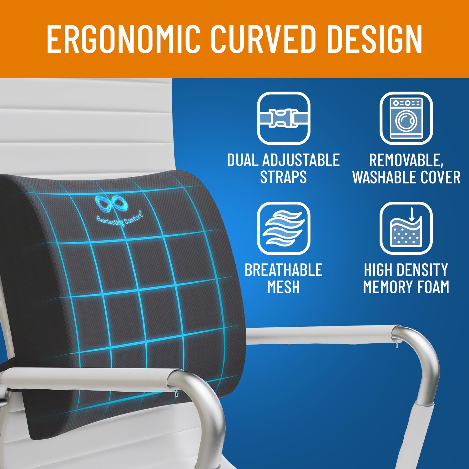 Everlasting Comfort Memory Foam Lumbar Support Pillow - Orthopedic Back Cushion for Office Chair, Car Seat & Sofa - Relieves Lower Back Pain & Improves Posture - Perfect for Gaming, Work & Long Sitting Sessions at Home or Office