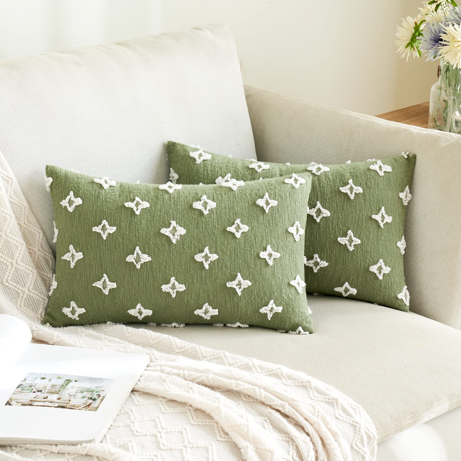 ANRODUO Pack of 2 Sage Green Bohemian Decorative Throw Pillow Covers - 12x20 Inch Tufted Rhombic Jacquard Cushion Covers for Sofa, Couch & Living Room - Soft & Stylish Home Decor for Spring, Bedroom & Cozy Spaces