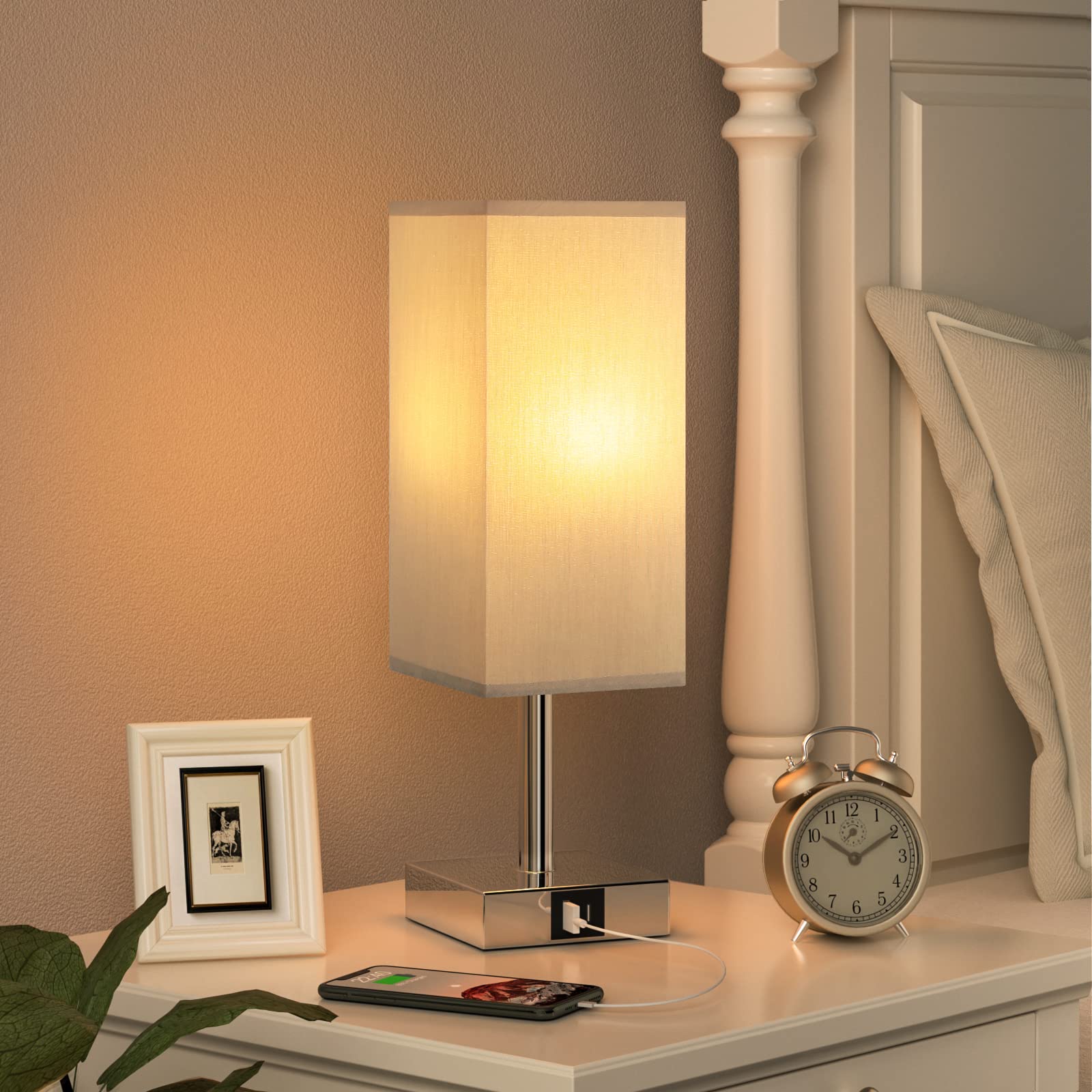 Aooshine Touch Control Bedside Lamp with USB A+C Charging Ports, 3-Way Dimmable LED Table Lamp for Bedroom & Living Room - Grey Fabric Shade (Bulb Included) | Perfect for Night Reading, Home Office & Cozy Lighting