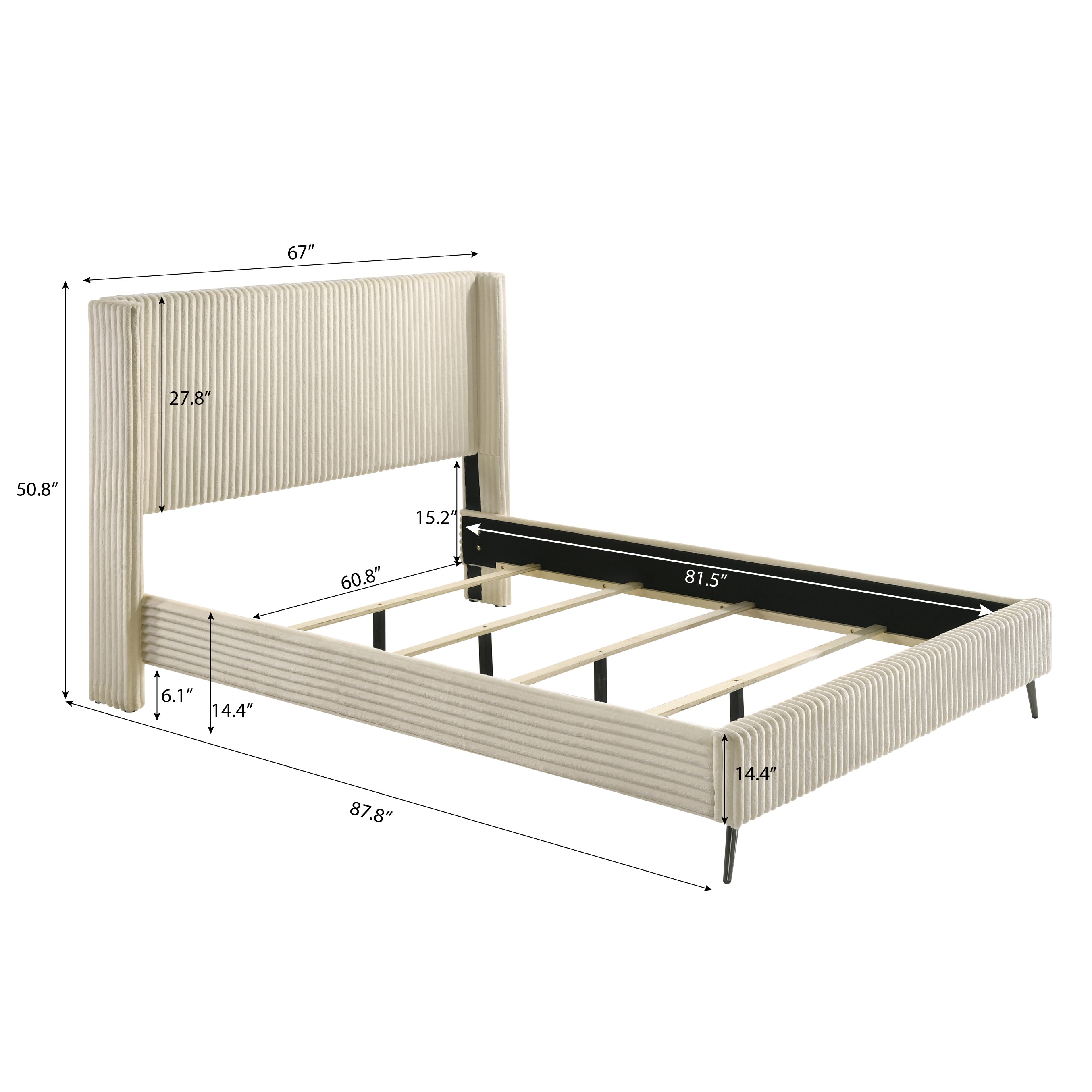 Roundhill Furniture Mavela Wide Wale Corduroy Upholstered Panel Bed in Cream - Queen Size Upholstered Bed Frame with Button Tufted Headboard for Cozy Bedroom Decor