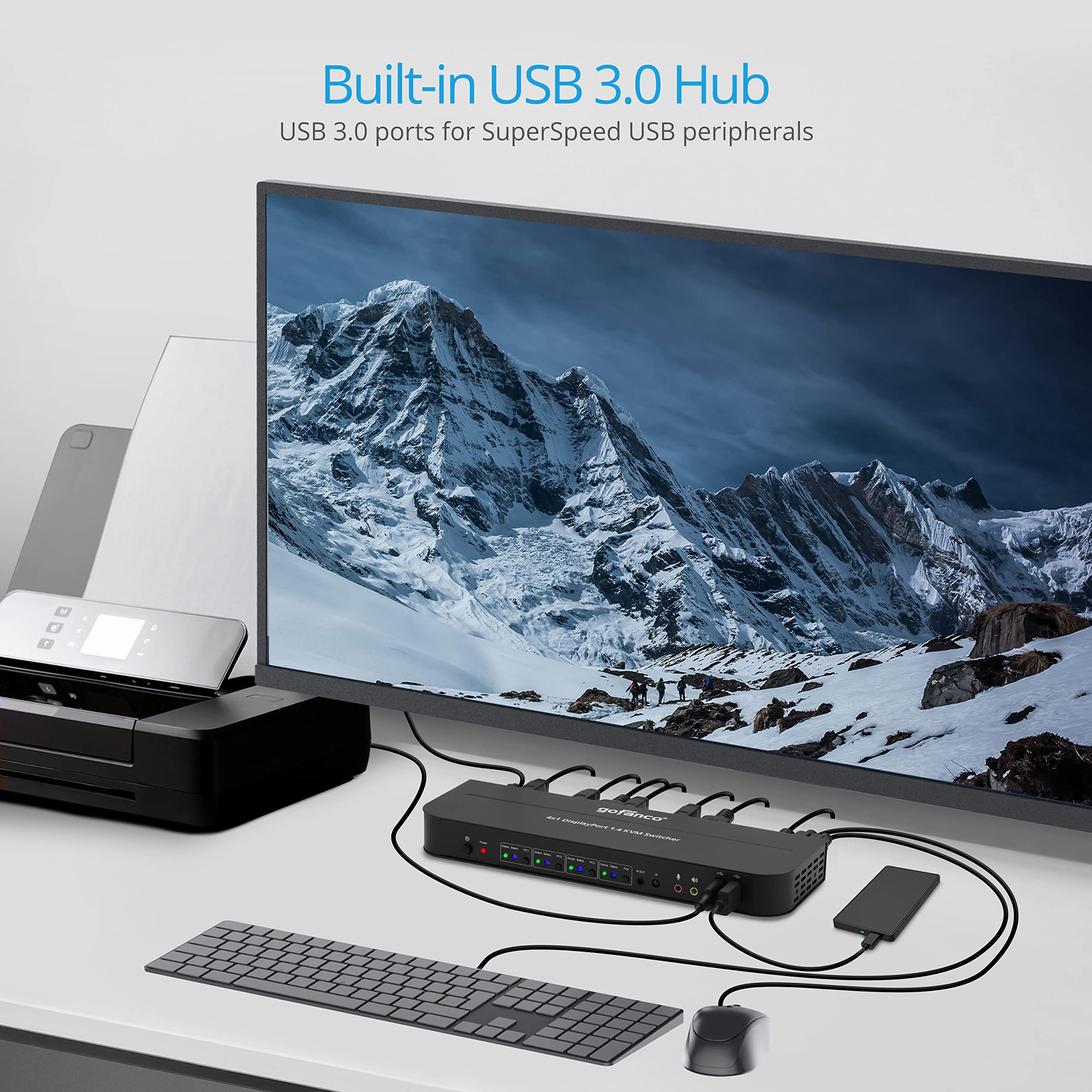 gofanco 4 Port DisplayPort KVM Switch with USB 3.0 Hub - 4K@60Hz HDR, HDCP 2.2, USB Keyboard/Mouse Support, IR Remote - Ideal for Multi-Computer Workstations, Gaming Setups & Home Office Desktops