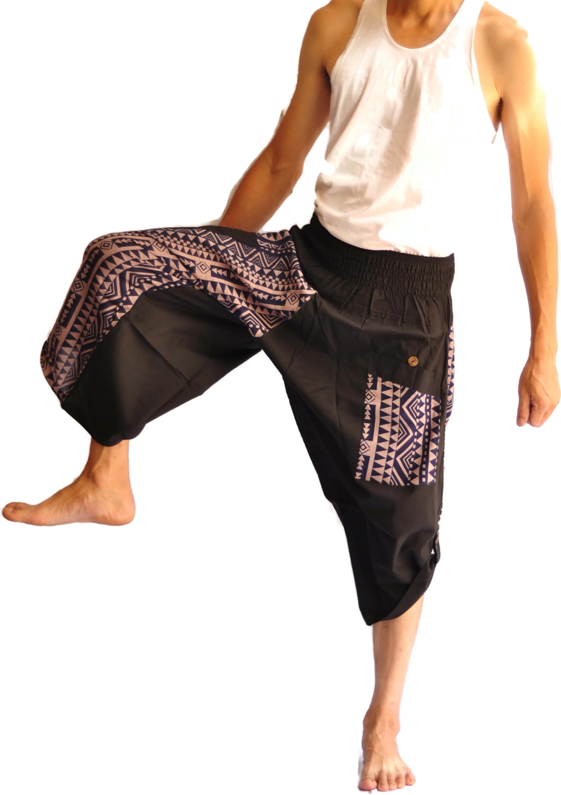 **Men's Harem Yoga Pants - High Waisted Loose Fit Navy Blue & Black Elephant Print Thai Fisherman Pants for Meditation, Lounge & Travel**