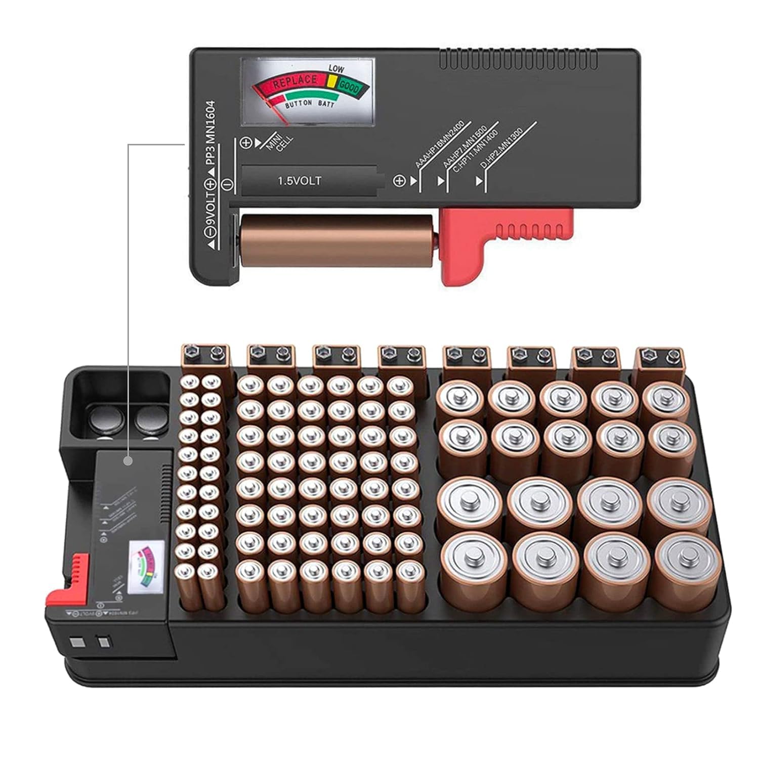 ZHITING Battery Storage Box & Organizer - Holds 110 Different Size Batteries (AAA, AA, 9V, C, D) with Built-in Tester - Perfect for Home, Office & Emergency Kits