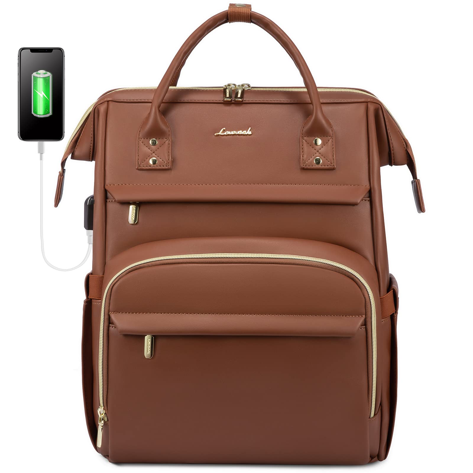 LOVEVOOK 18 Inch Leather Laptop Backpack for Women, Stylish Travel Backpack Purse for Nurse, Teacher, College, Business Professionals with USB Port, Brown - Perfect for Work, School, and Daily Commute