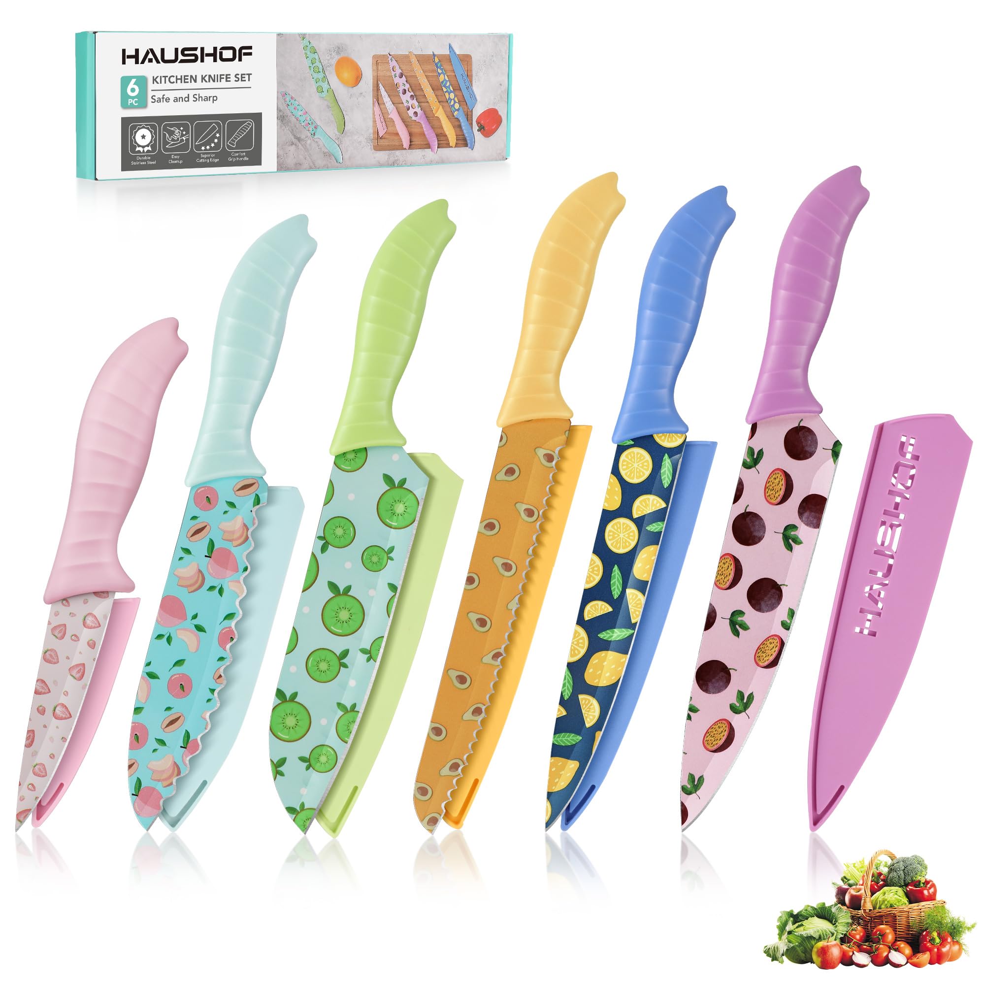 HAUSHOF 12-Piece Colorful Kitchen Knife Set with 6 Sheaths - Non-Stick Coated Stainless Steel Fruit Pattern Blades for Slicing, Dicing & Cutting - Perfect Gift for Dad & Mom - Ideal for Home Cooking, Meal Prep & Fruit Carving