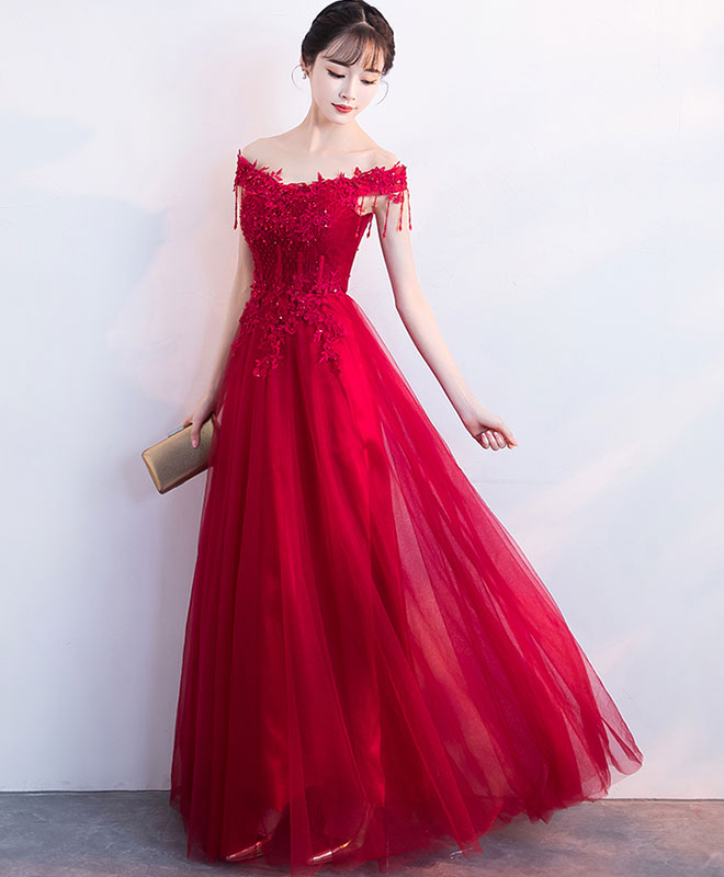 Elegant Burgundy V-Neck Tulle Lace Long Prom Dress & Bridesmaid Gown - Perfect for Formal Dances, Weddings & Special Occasions