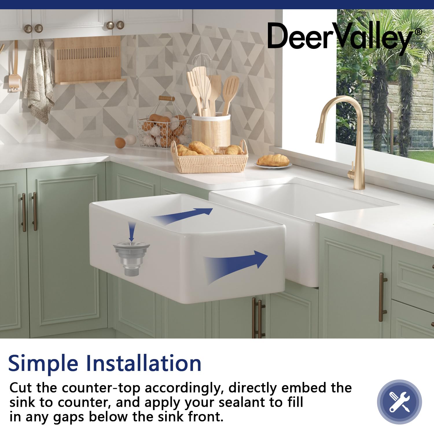 DeerValley 33 Inch White Farmhouse Kitchen Sink - Fireclay Apron Front Single Bowl Undermount Sink with Deep Basin, Bottom Grid & Strainer - Perfect for Rustic, Farmhouse & Modern Kitchens