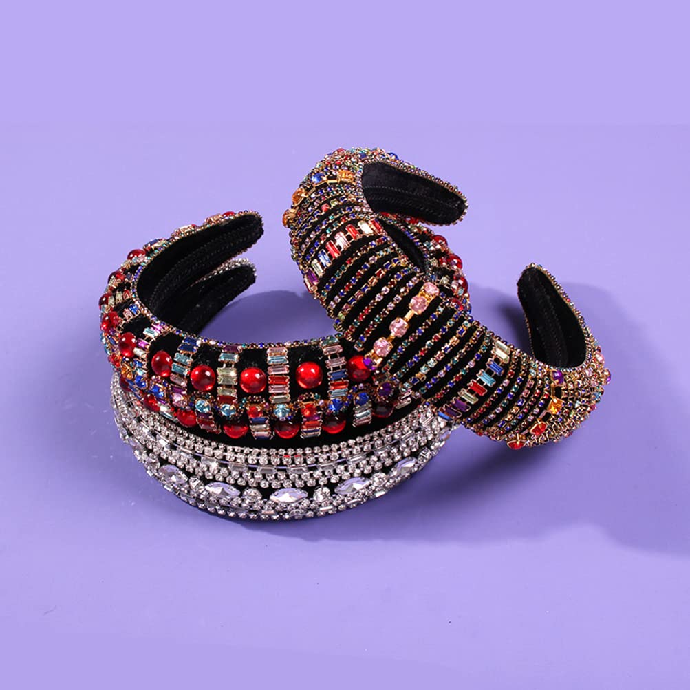 FRCOLOR Black Elastic Hair Band with Full Diamond Design - Stretchy Wide Brim Headband for Women, Pearl-Colored Hair Accessories for Parties, Weddings & Everyday Wear