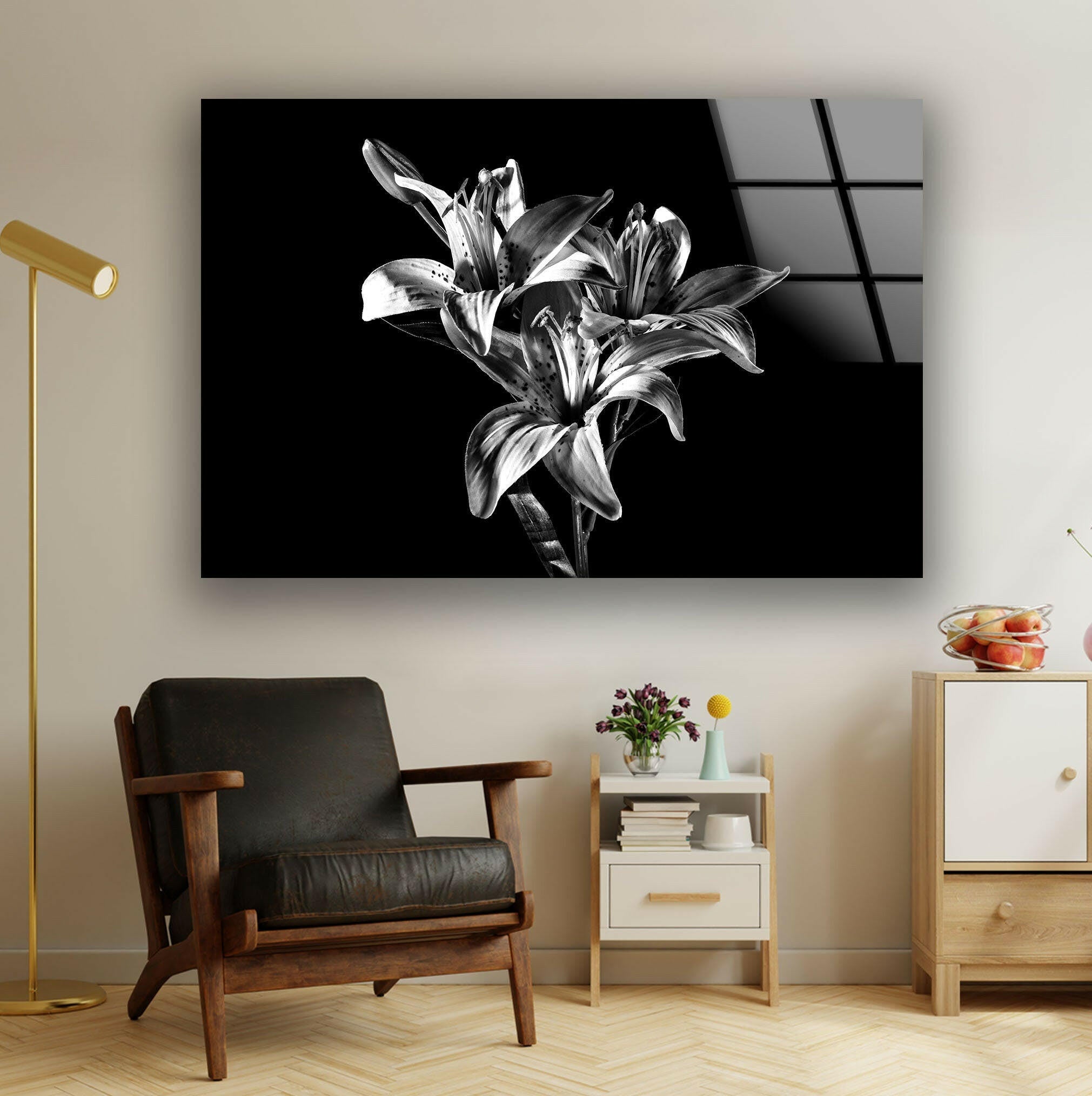 Black X-Ray Lily Flower Glass Wall Art - Elegant Home Decor for Living Room, Bedroom & Office - Perfect Gift for Housewarming, Wedding & Birthday