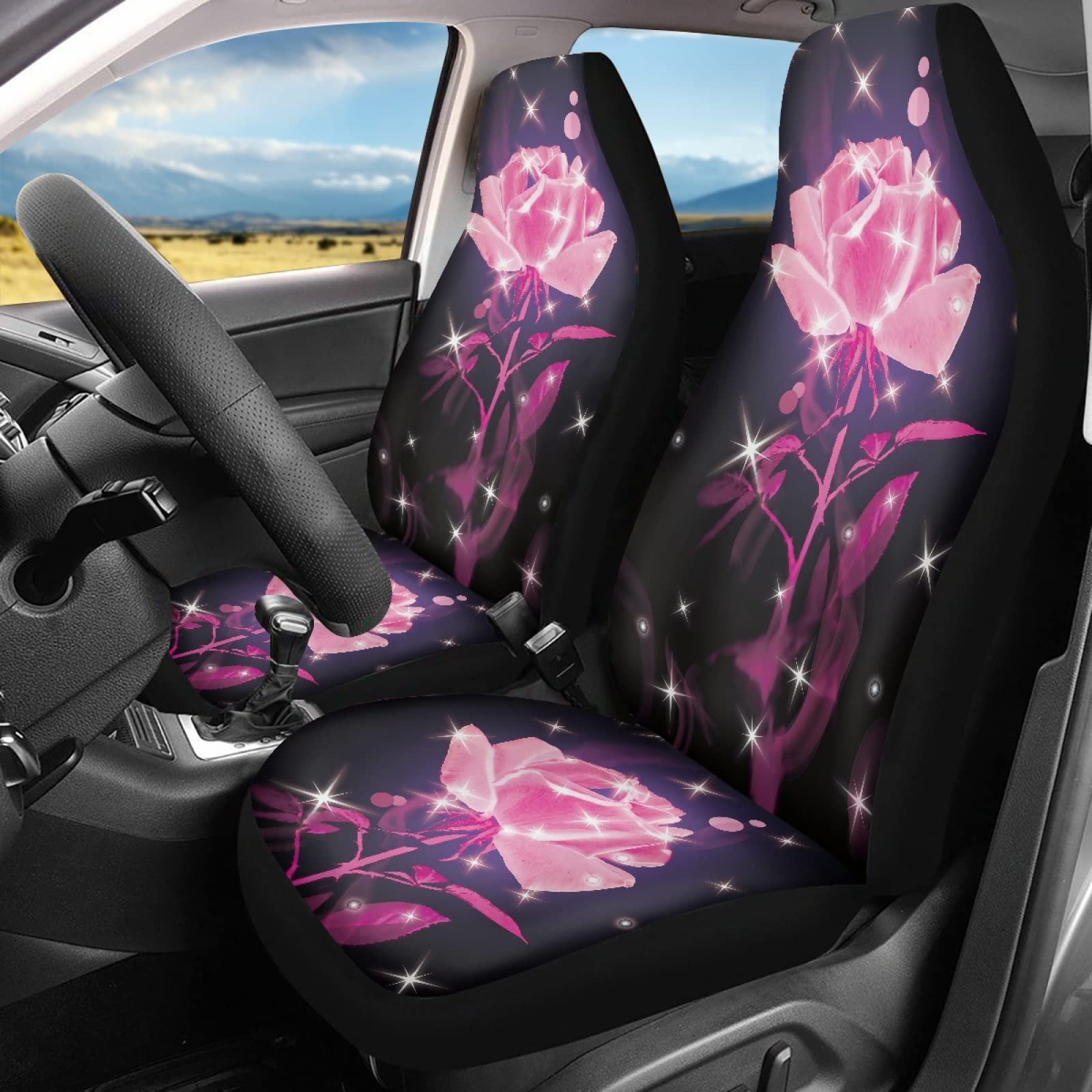 STUOARTE Rose Print Car Seat Covers - Universal Fit Non-Slip Bucket Seat Covers for Women, Bling Floral Car Interior Accessories | Perfect Gift for Her, Fits Most Vehicles - Great for Commuting, Road Trips & Car Decor