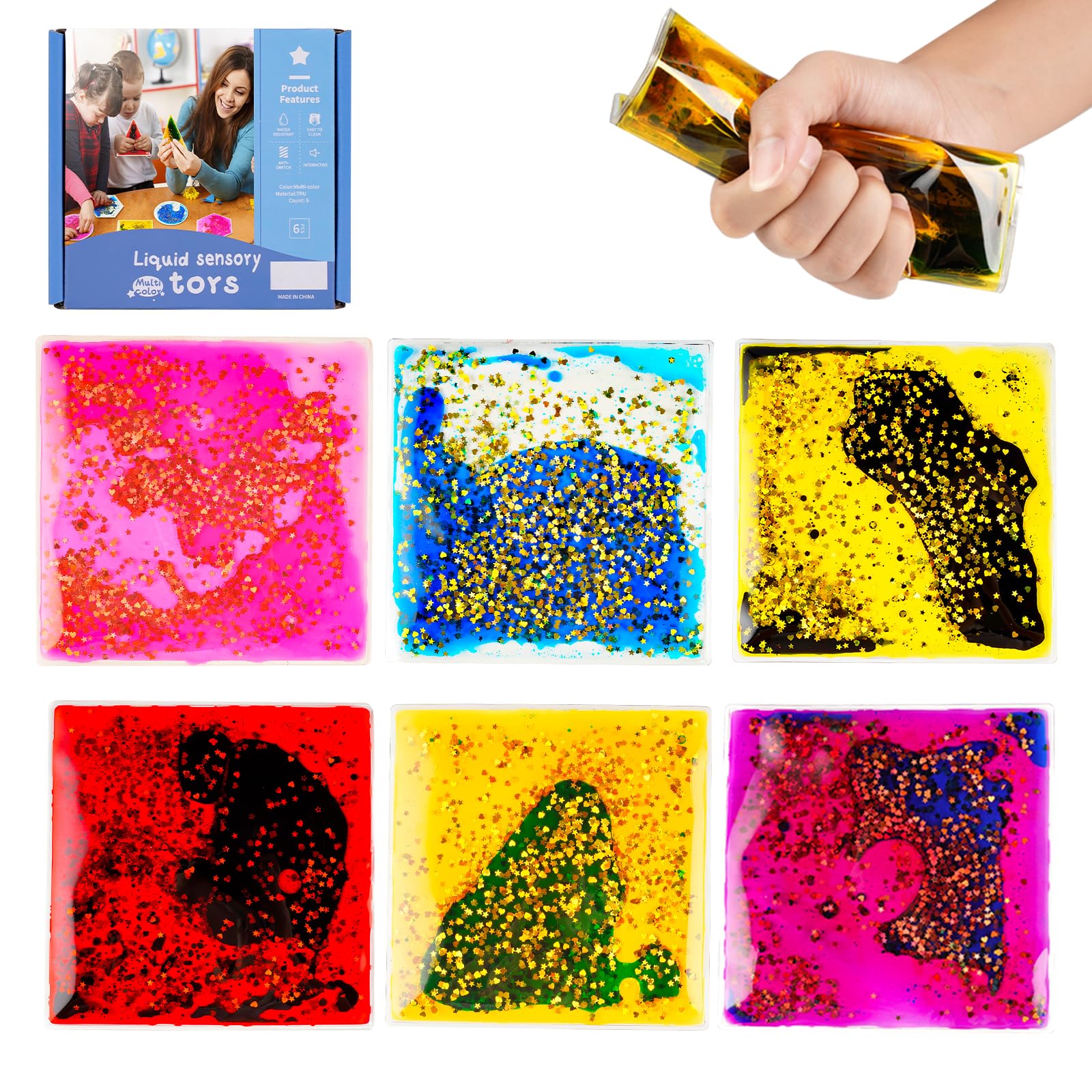 Sensory Soft Gel Liquid Fidget Toys - 6 Pack Square Water Sensory Toys for Autistic Kids & Adults | Stress Relief, Anxiety Relief, ADHD & Autism Therapy, Classroom & Office Use