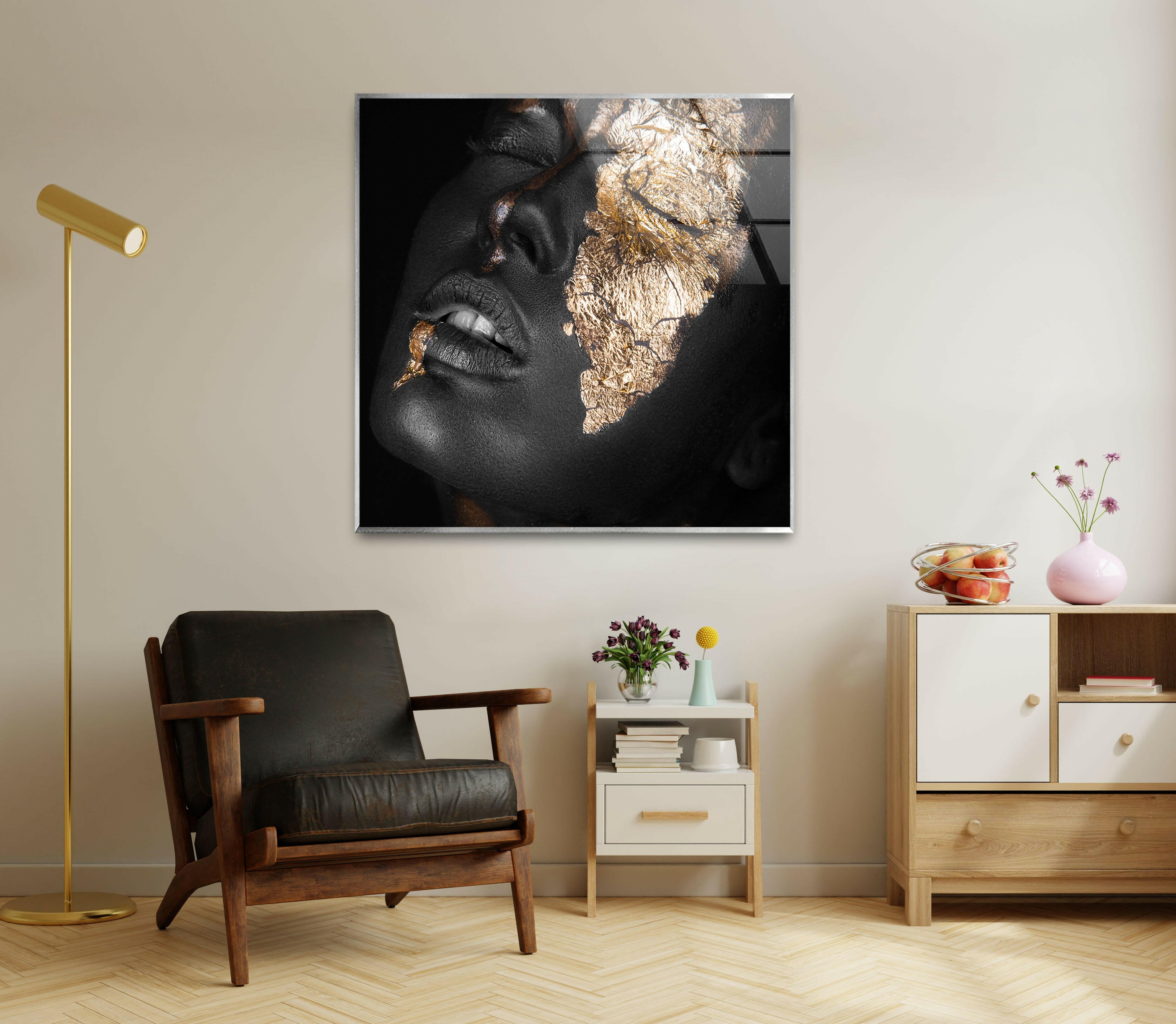 Elegant Black Woman Gold Glass Wall Art - Modern Home Decor for Living Room, Bedroom & Office