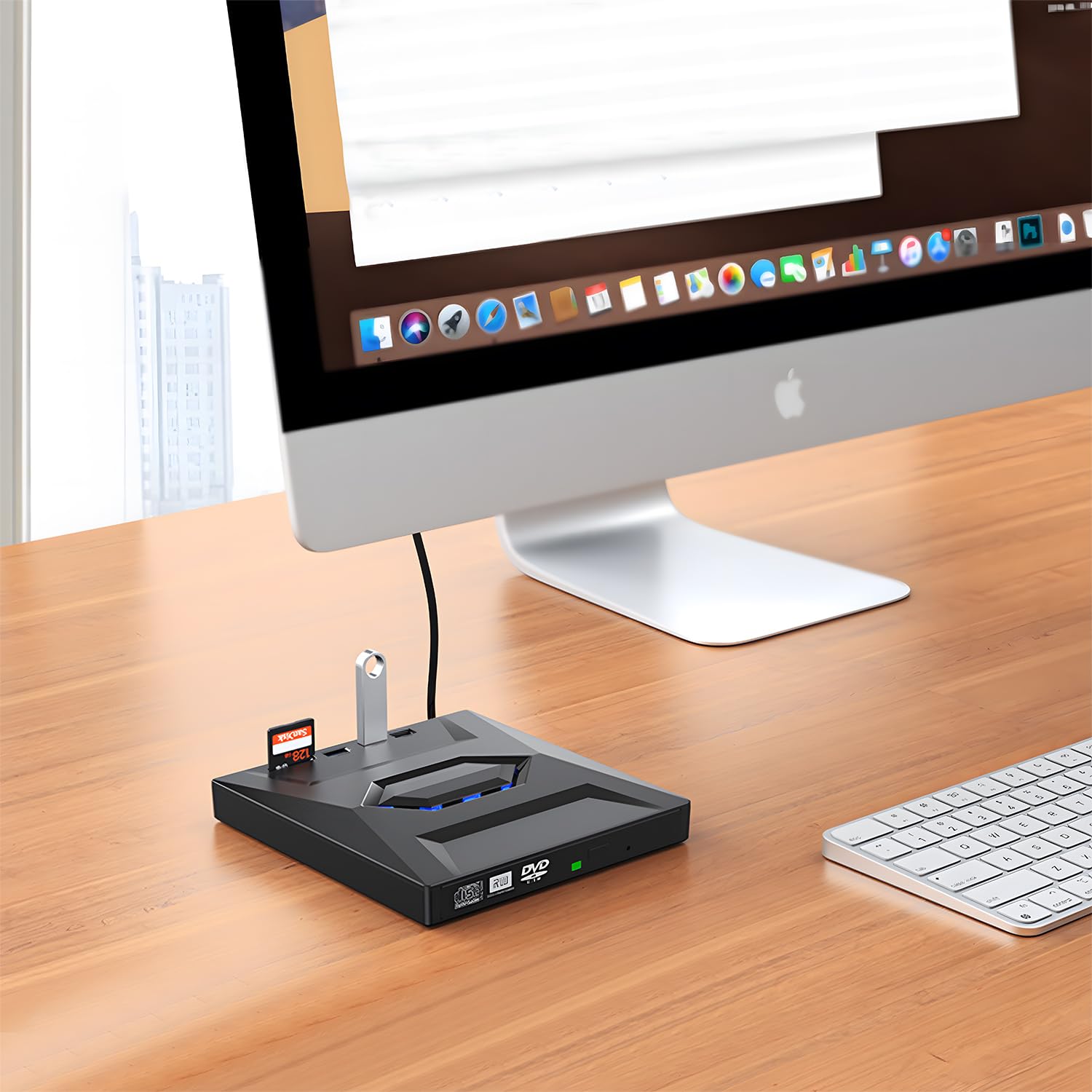 ROOFULL Portable External CD DVD Drive USB 3.0 & USB-C - CD/DVD Burner Player with USB Hub & SD Card Reader - Optical Disk Drive Writer for Laptop PC Windows 11/10, Mac, Linux - Perfect for Home Office, Travel, and Media Backup