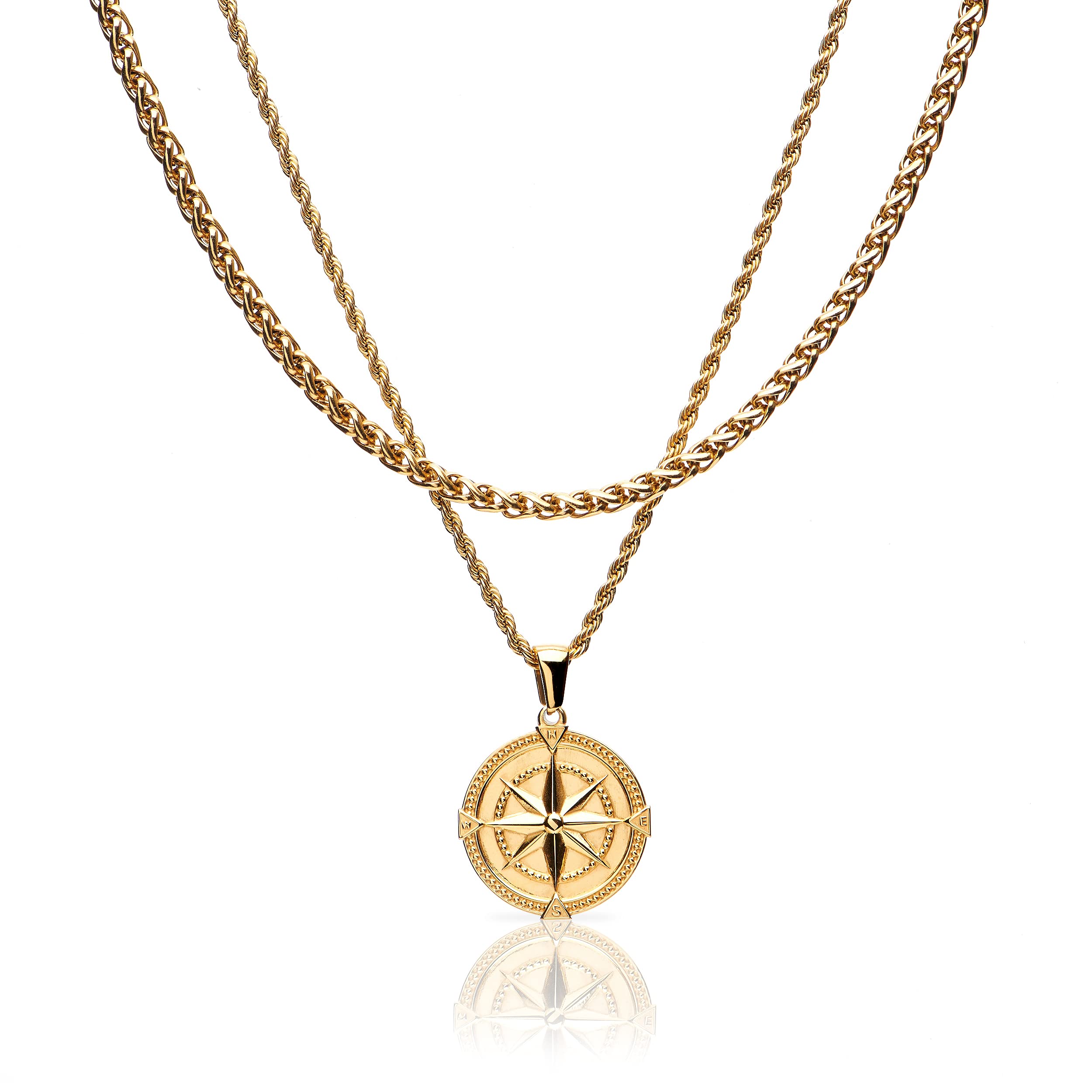 LUGUS JEWELRY 18k Gold Compass Pendant Necklace for Men - Stainless Steel Wheat Chain, Nickel Free Hypoallergenic Jewelry - Perfect Gift for Father's Day, Anniversary & Outdoor Adventures