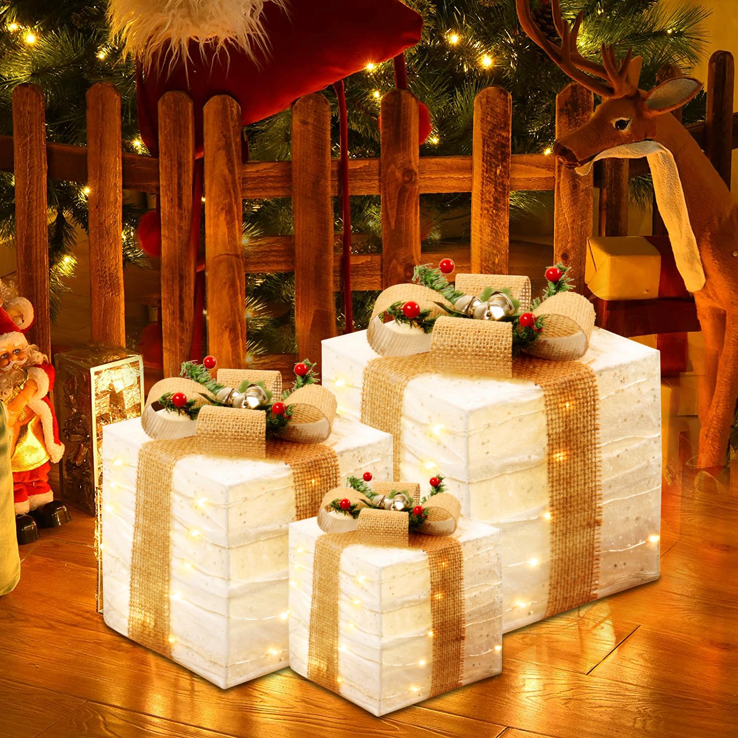 70 LED Lighted Christmas Gift Box Set of 3 - White Xmas Present Boxes Decorations for Tree, Indoor & Outdoor Holiday Decor | Perfect for Mantel, Tabletop, Party & Yard Display
