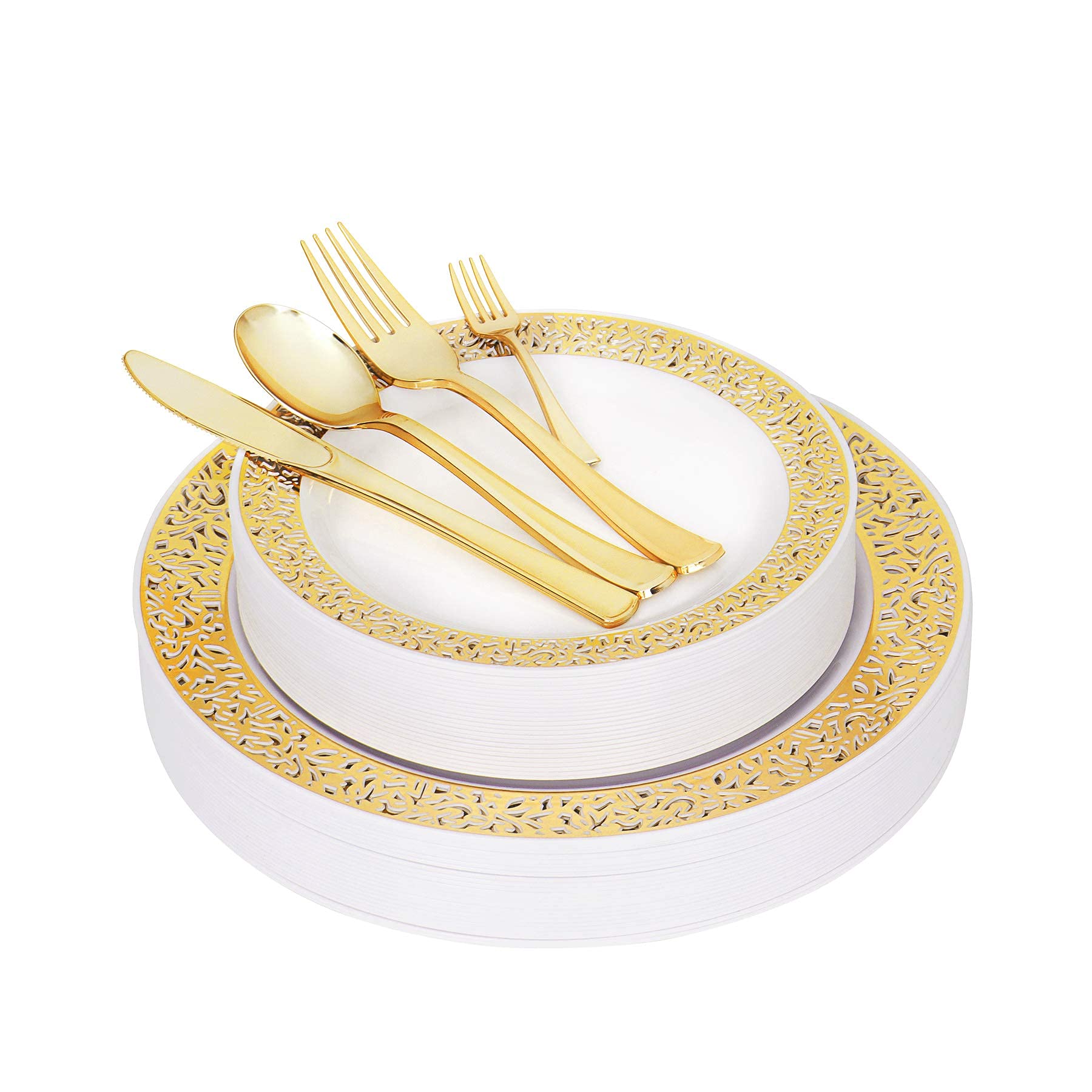 150-Piece Gold Plastic Plate and Silverware Set - Elegant Lace Design Disposable Dinnerware for Wedding, Party, Bridal Shower - Includes 25 Dinner Plates, 25 Dessert Plates, 75 Gold Plastic Utensils & 25 Mini Forks - Perfect for Elegant Events, Catering & Special Occasions