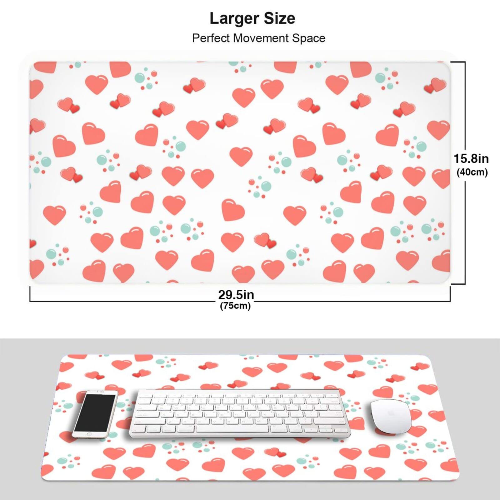 Romantic Heart-Themed Mouse Pad - Non-Slip Rubber Base, Extended Rectangle Desk Mat for Office & Gaming | Perfect for Valentine's Day Gifts, Workstations & PC Gaming Setups