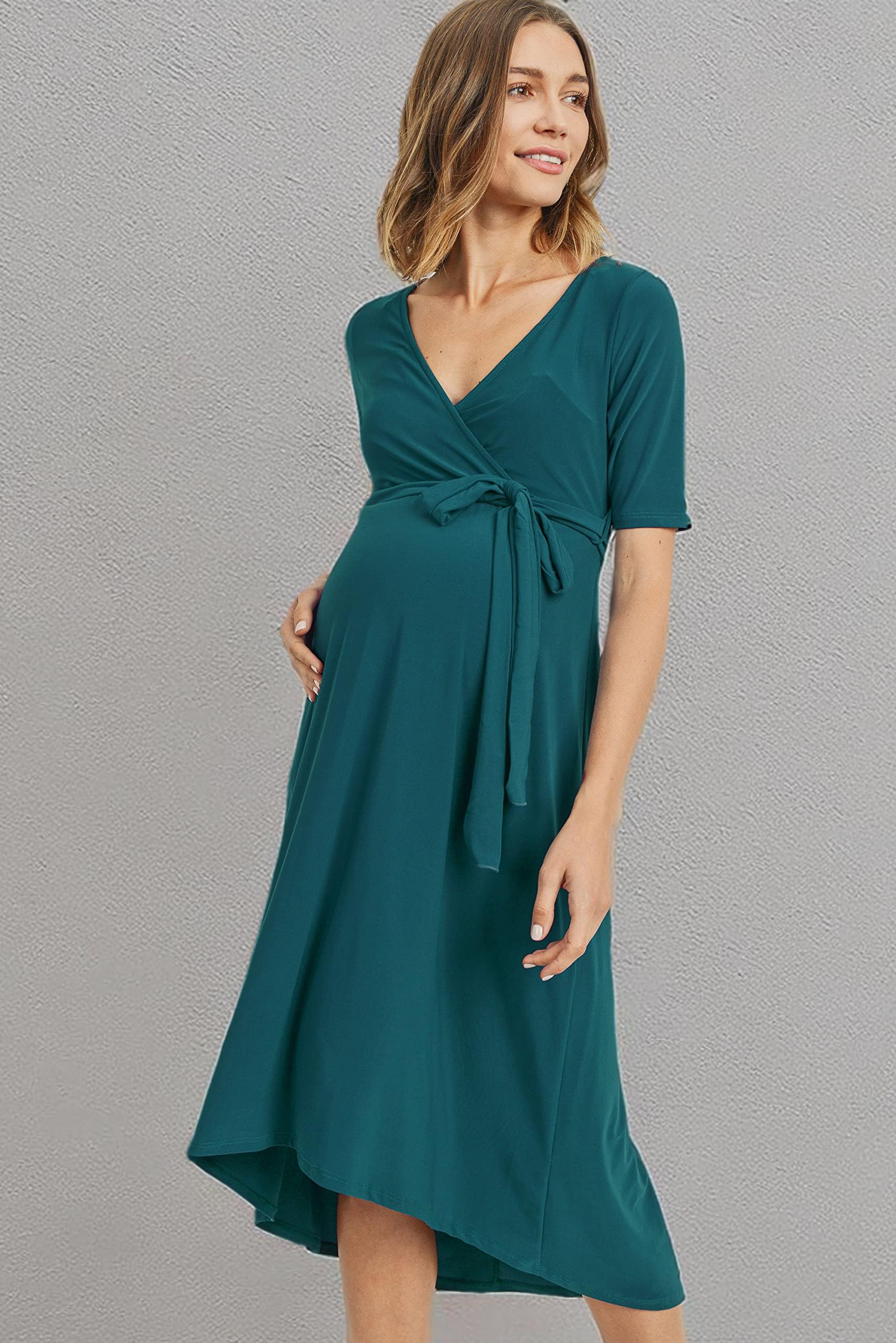 Maternity Wrap Dress for Women - Stretchy Midi Length with Adjustable Waist Belt | Comfortable Pregnancy Outfit for Work, Baby Shower & Everyday Wear