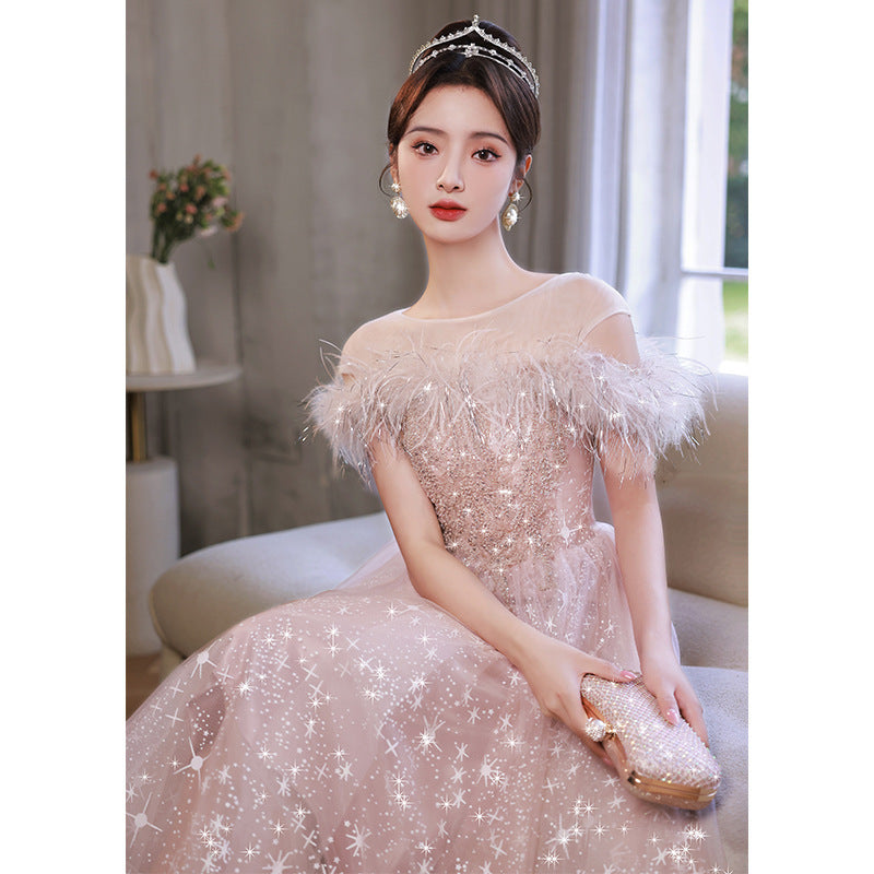 Elegant Off Shoulder Pink Shiny Prom Dress with Feather Details | A-Line Sweet Party Gown for Women | Perfect for Homecoming, Prom Night, and Formal Events